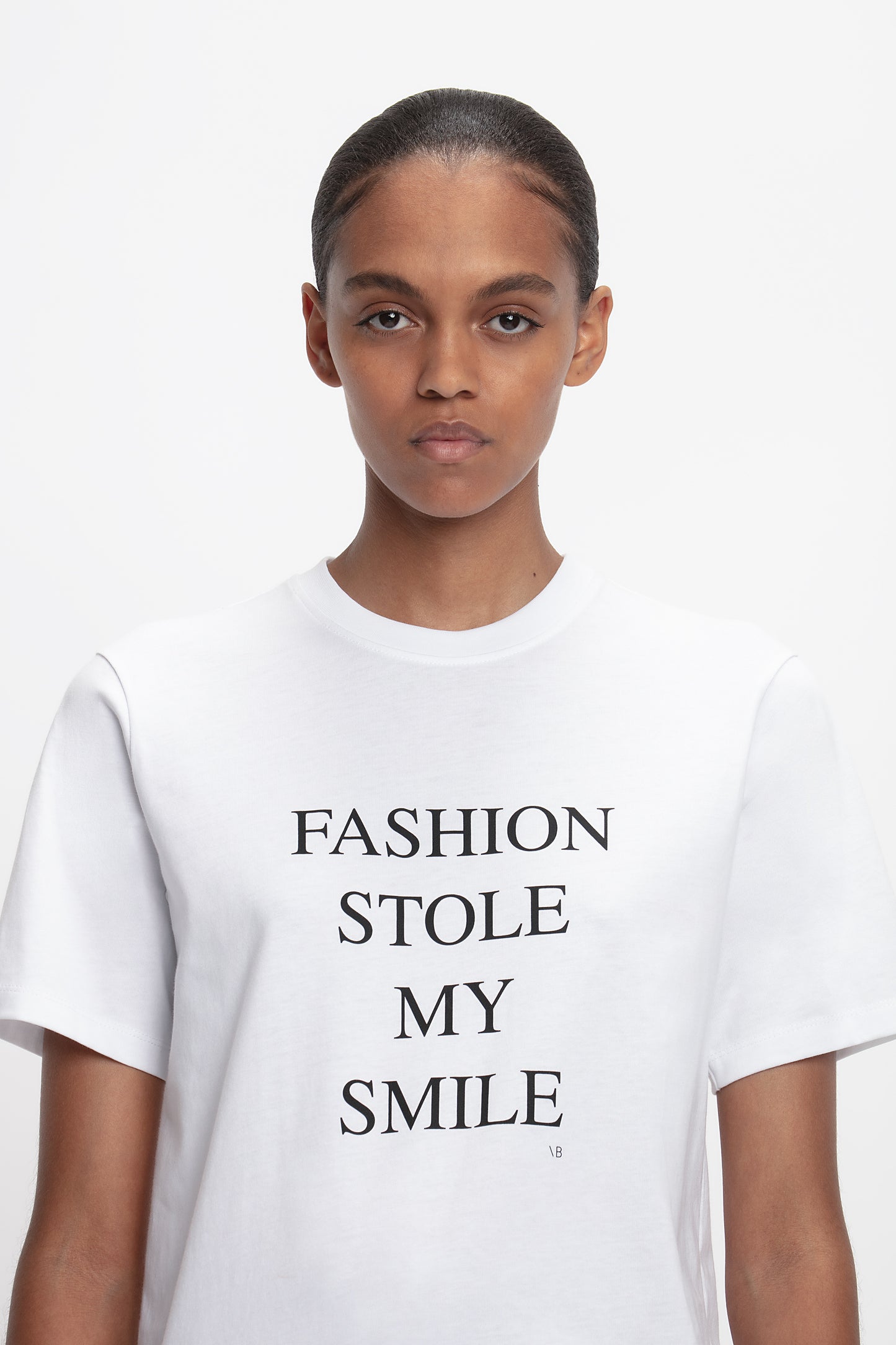'Fashion Stole My Smile' Slogan T-Shirt In White