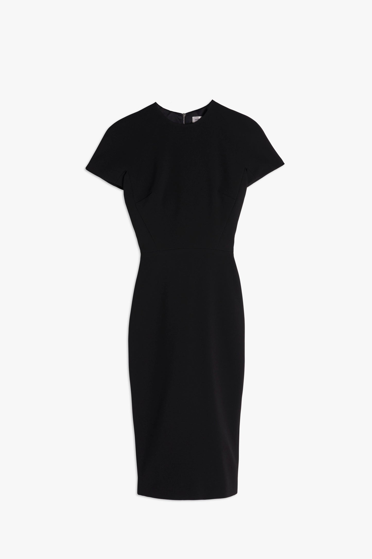 A black knee-length Victoria Beckham Fitted T-Shirt Dress with short sleeves and a simple round neckline, displayed against a white background.