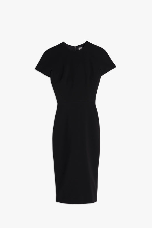A black knee-length Victoria Beckham Fitted T-Shirt Dress with short sleeves and a simple round neckline, displayed against a white background.