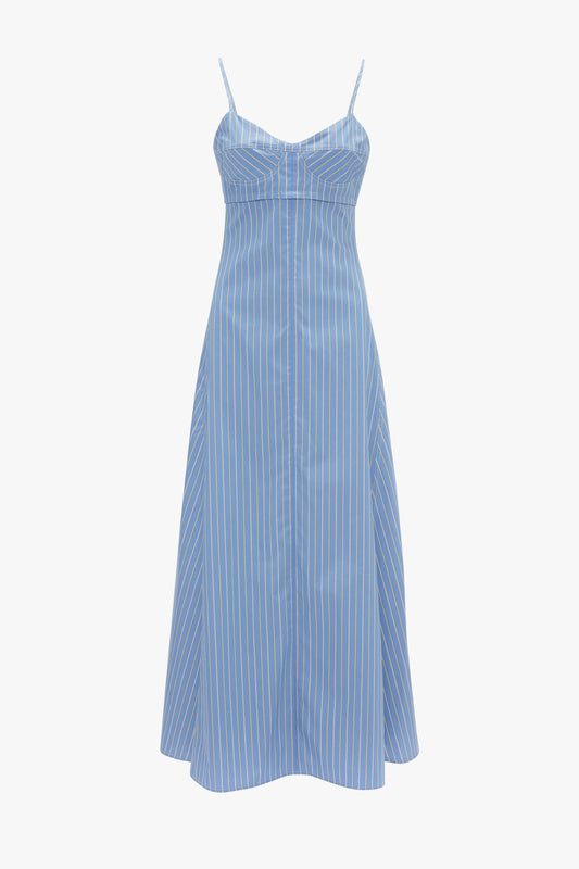A sleeveless Cami Fit And Flare Midi In Steel Blue dress by Victoria Beckham with adjustable straps and a flared skirt, isolated on a white background.