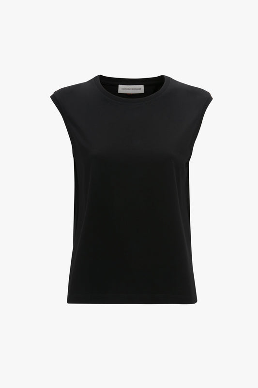 Victoria Beckham's black sleeveless t-shirt on a plain white background.