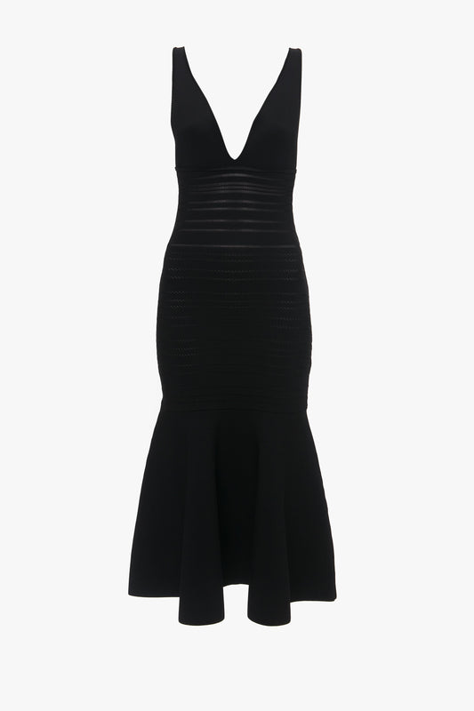 Victoria Beckham's Frame Detail Sleeveless Dress In Black, with a v-neckline and midi-length hemline, displayed against a white background.