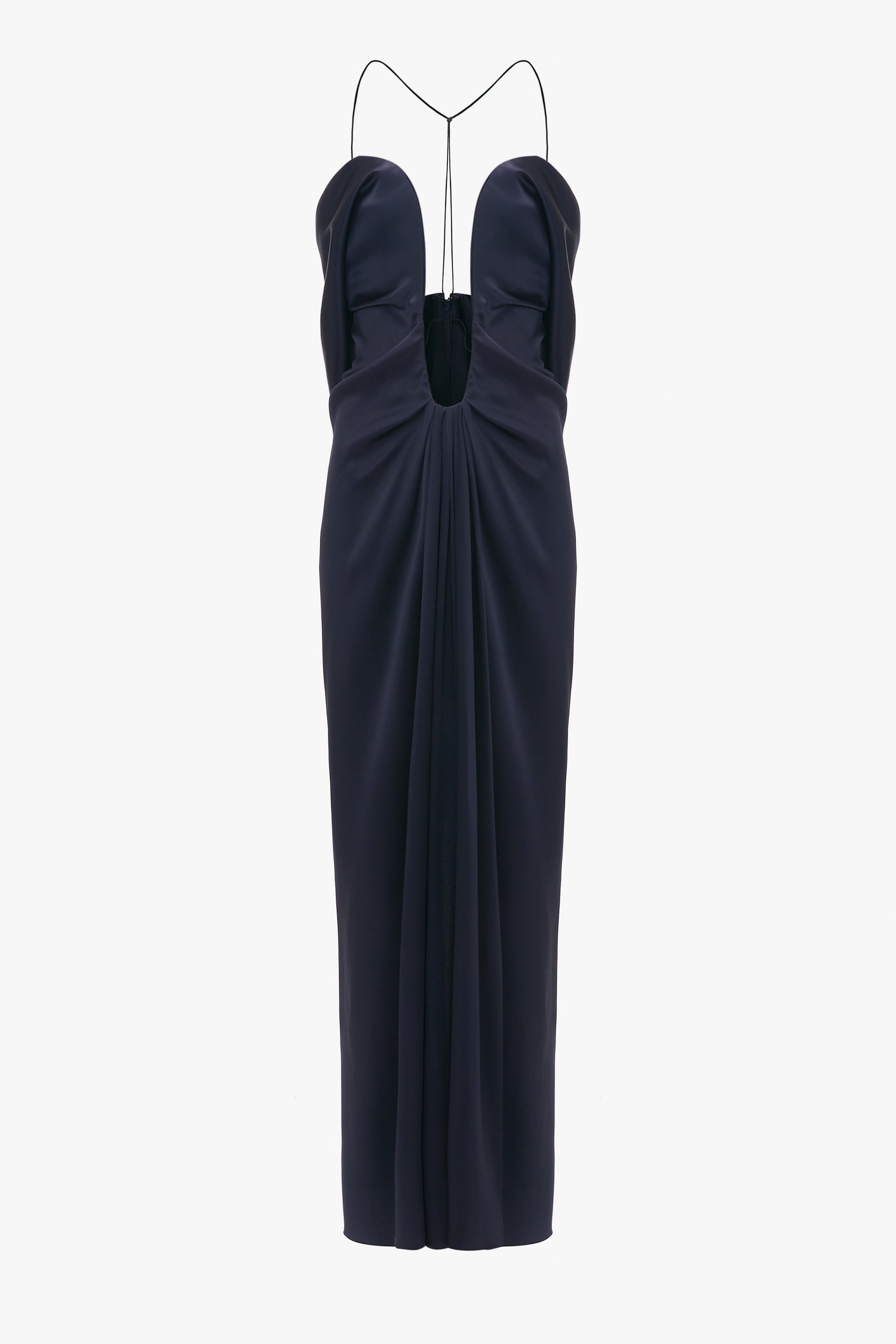 A Victoria Beckham navy blue evening gown with thin straps and a keyhole neckline, crafted from crepe back satin, displayed against a white background.