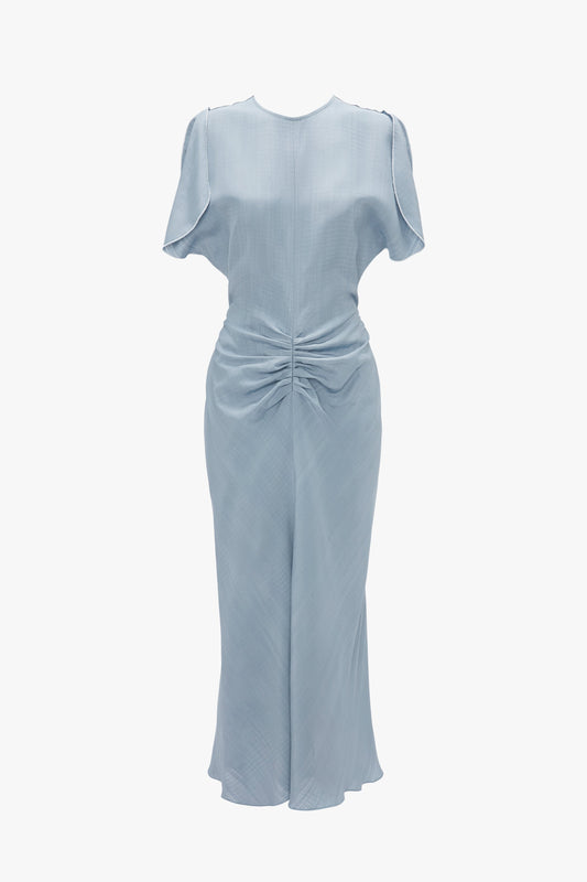 Light blue Exclusive Gathered Waist Midi Dress In Pebble with short sleeves, displayed against a white background by Victoria Beckham.