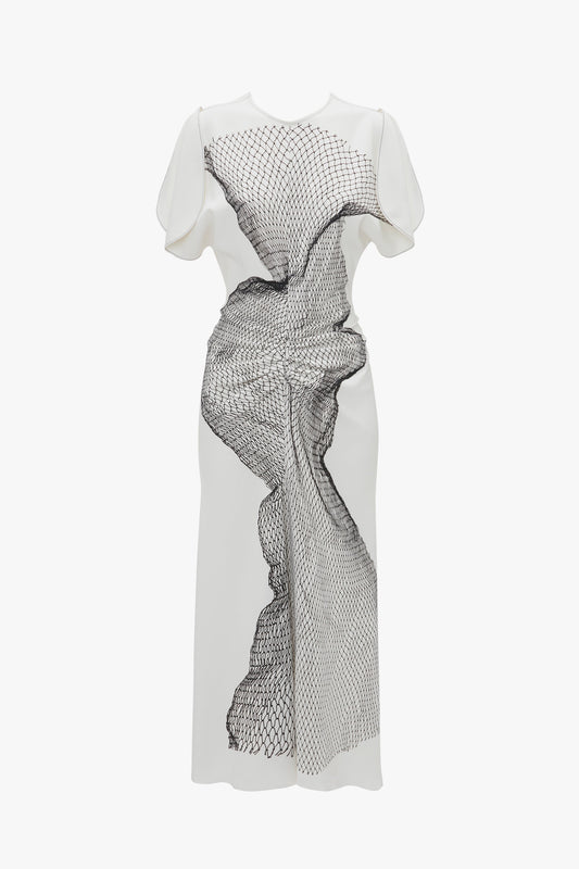 A white knee-length Gathered Waist Midi Dress in White-Black Contorted Net by Victoria Beckham with an asymmetric black and white patterned overlay featuring a ruffled design, displayed against a plain background.