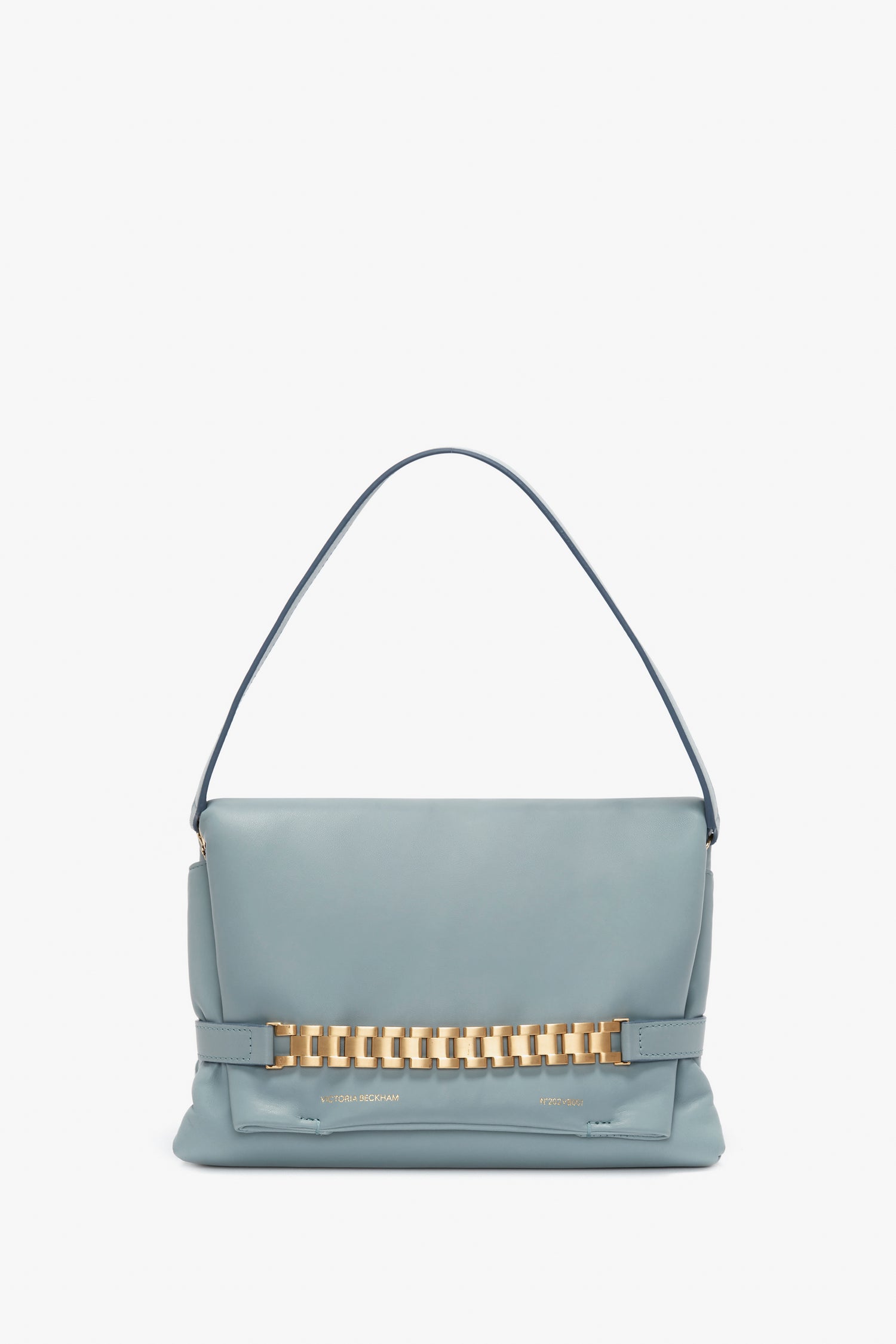 A light blue Puffy Chain Pouch With Strap in Ice Leather shoulder bag with a gold chain detail on a plain white background by Victoria Beckham.