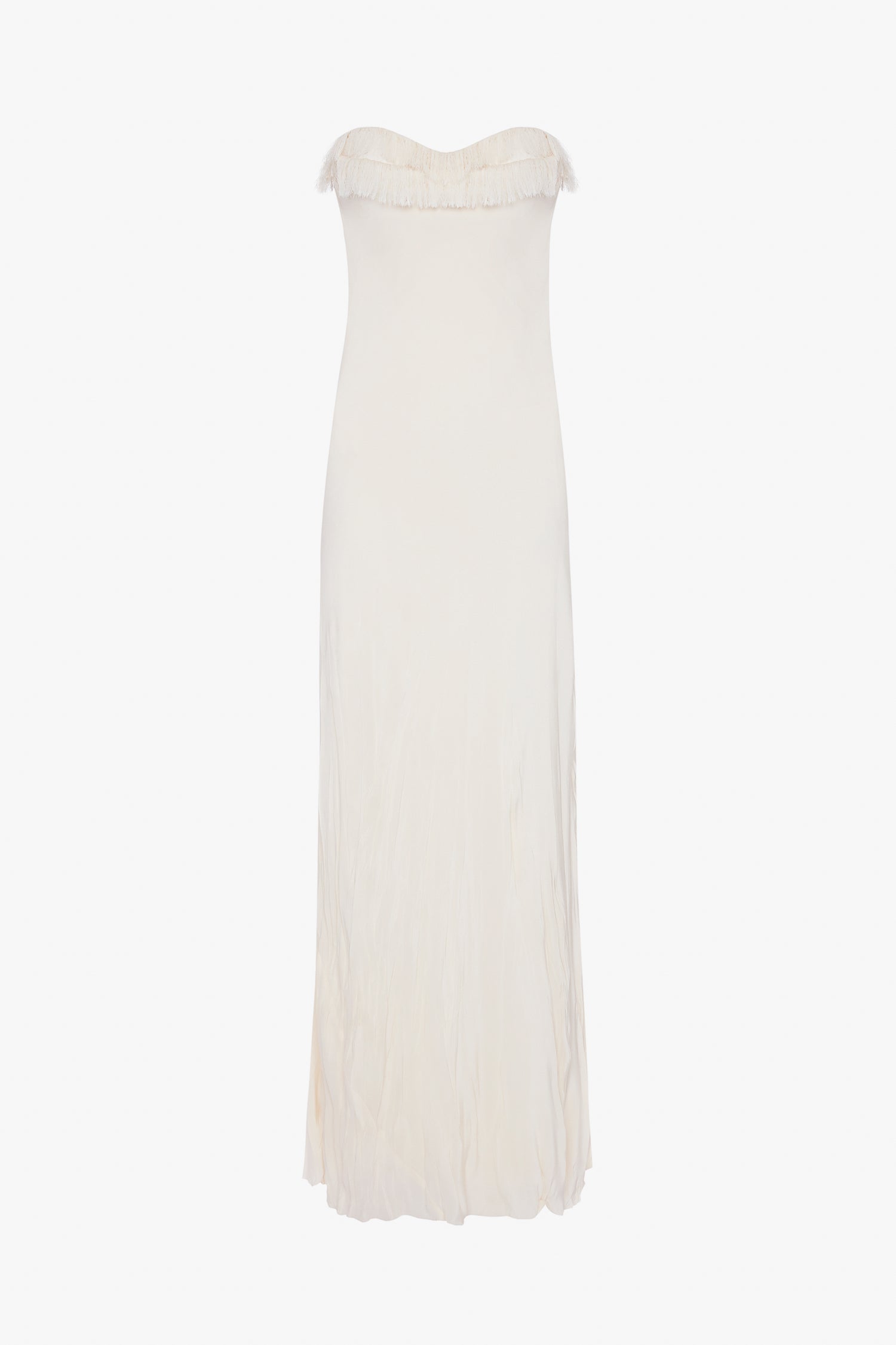 A plain, off-white maxi dress with a strapless sweetheart neckline and a slightly crinkled texture, displayed against a white background. 
Product Name: Victoria Beckham Exclusive Floor-Length Corset Detail Gown In Ivory