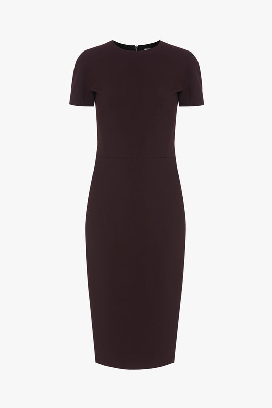 A Victoria Beckham deep mahogany fitted t-shirt dress on a white background.