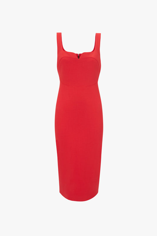 A Victoria Beckham red sleeveless knee-length bodycon dress with a sweetheart neckline, displayed on a white background.