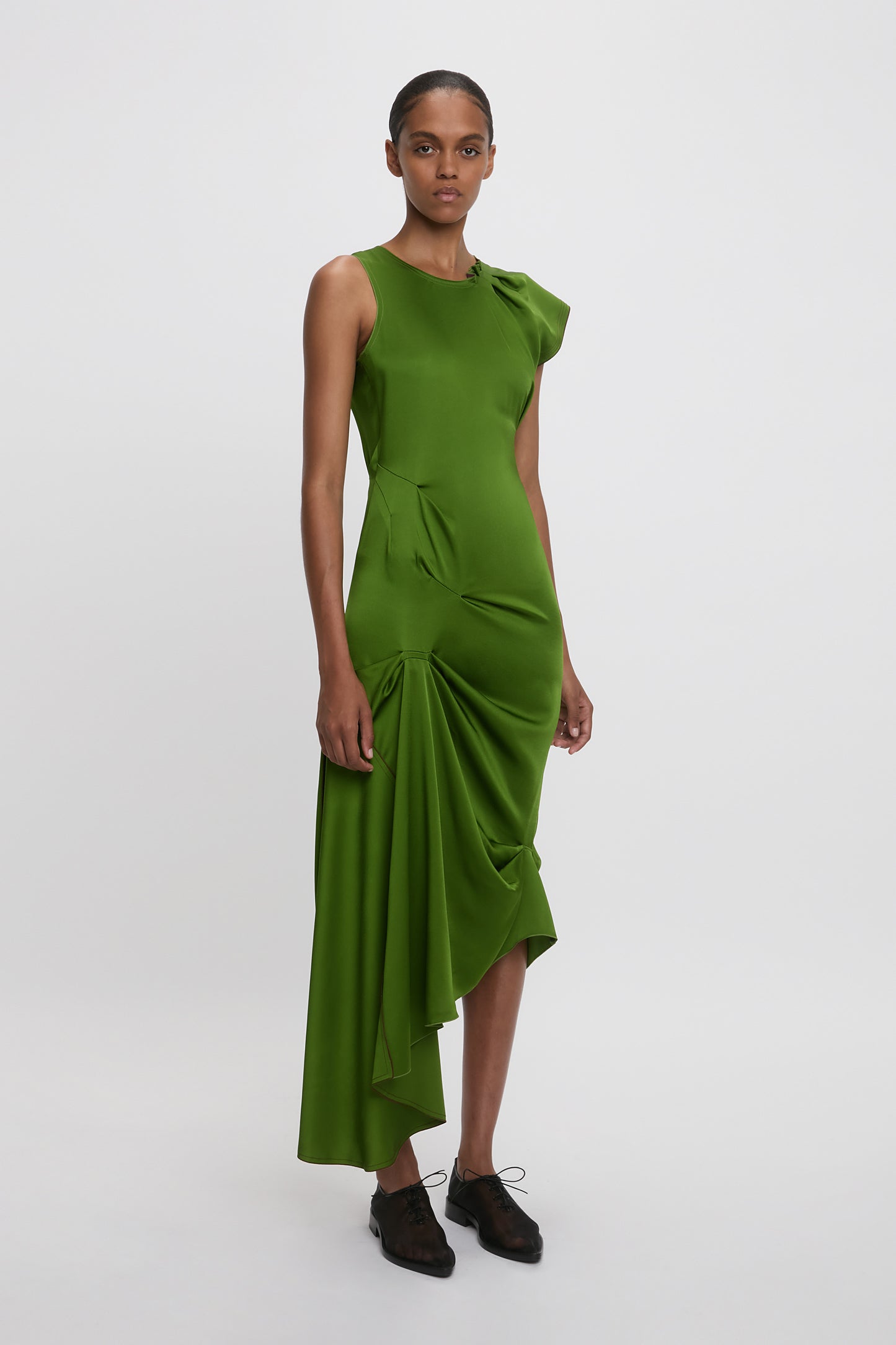Draped Tuck Midi Dress in Algae