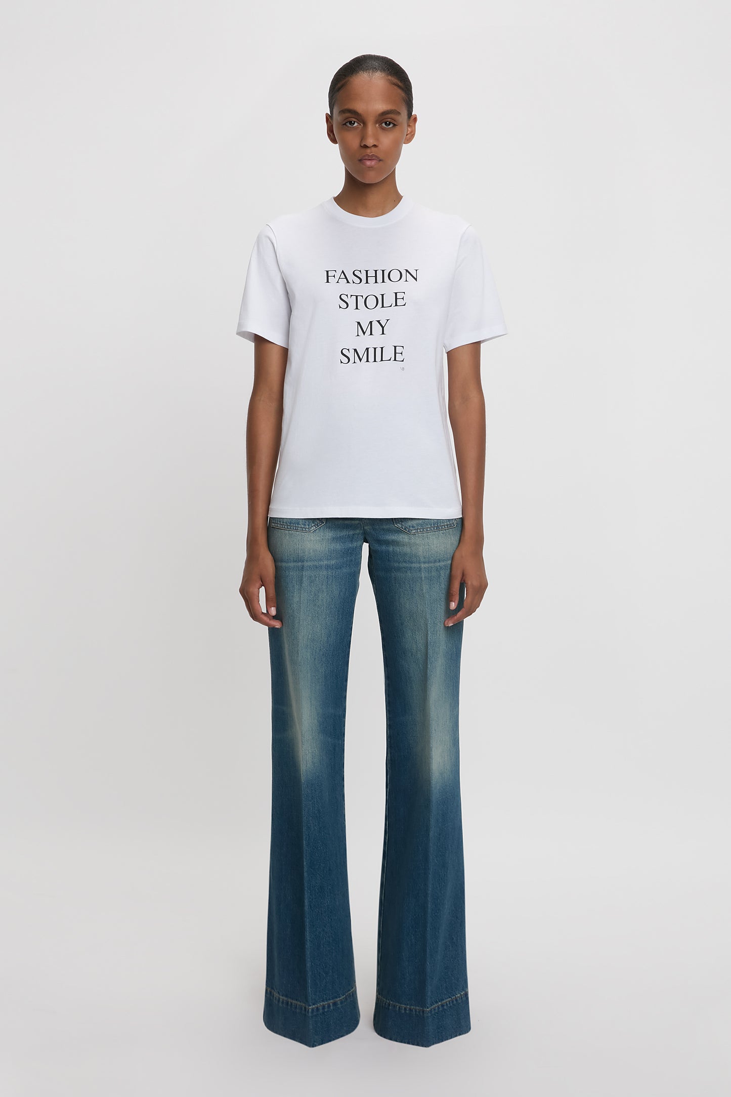 'Fashion Stole My Smile' Slogan T-Shirt In White
