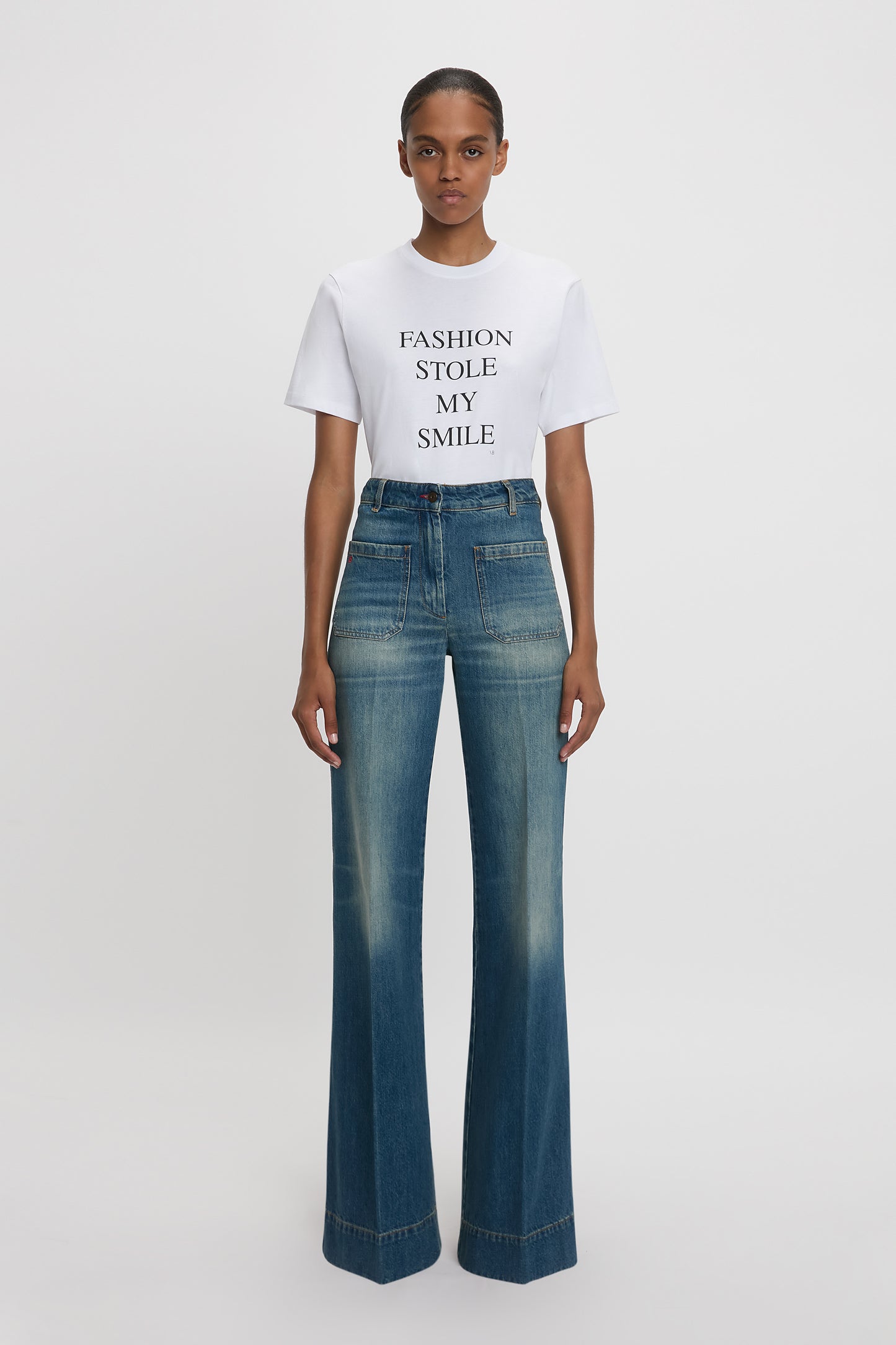 'Fashion Stole My Smile' Slogan T-Shirt In White