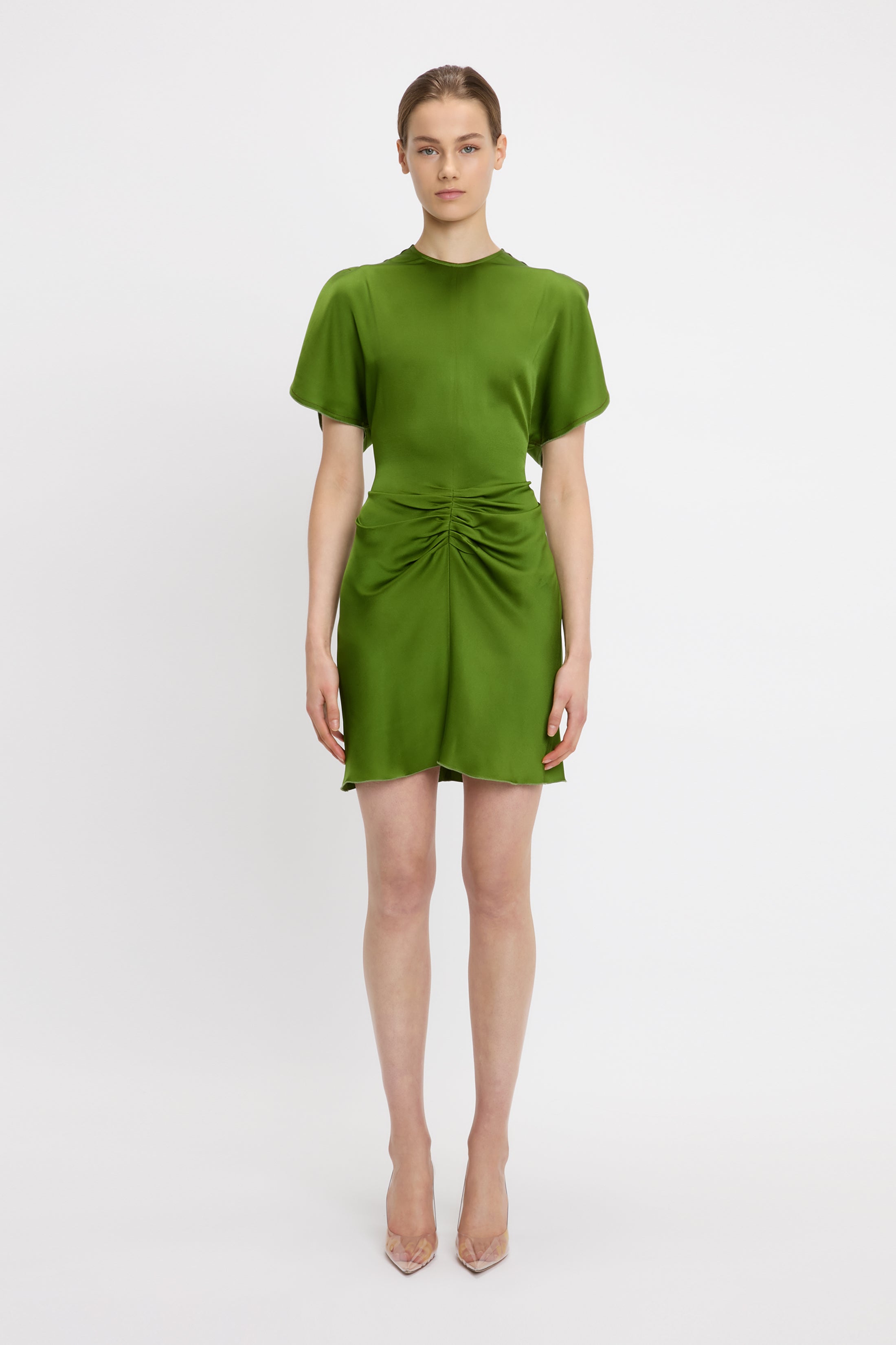 Gathered Waist Mini Dress In Algae | Designer Dresses