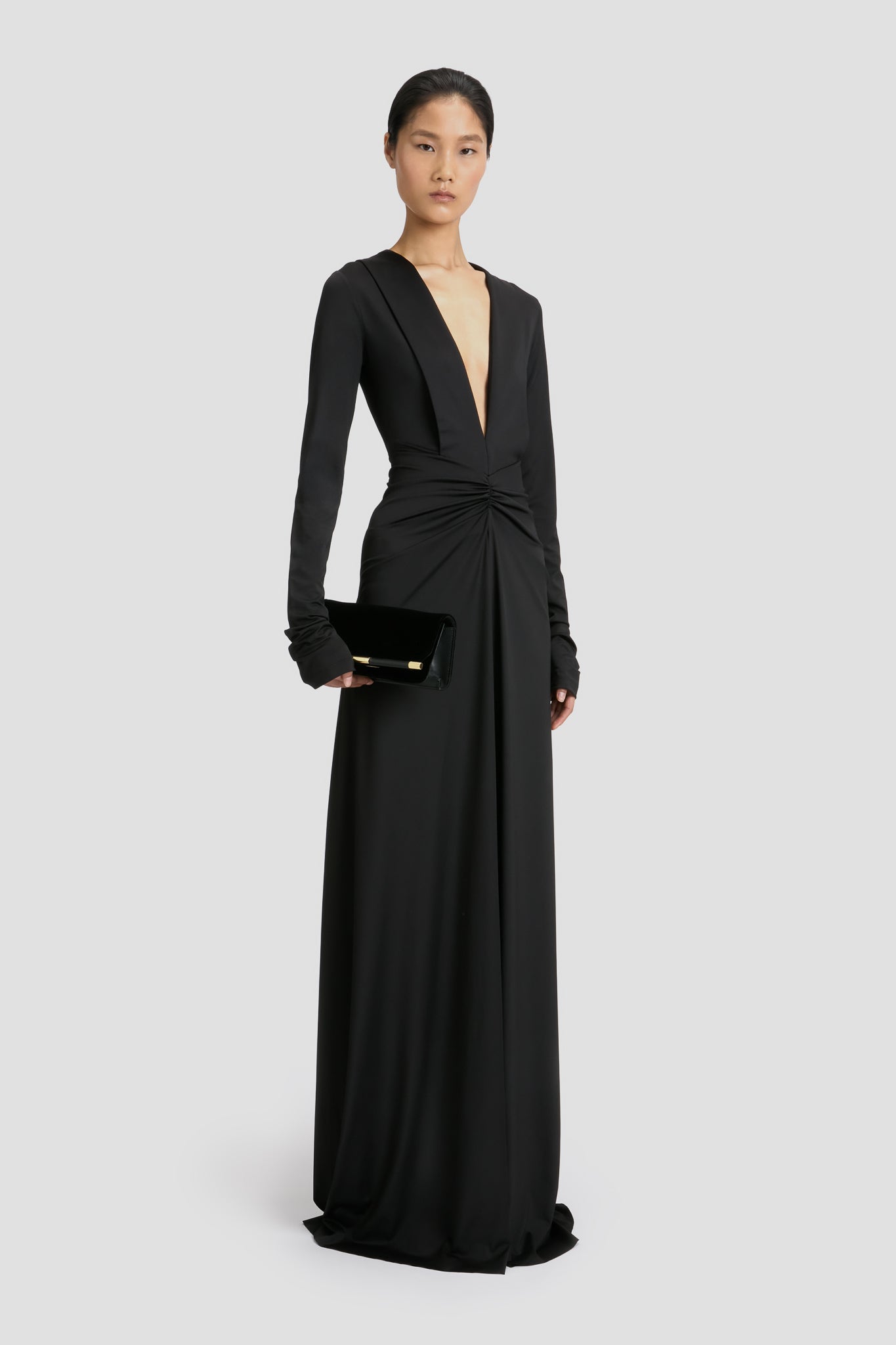 Deep V-Neck Gown In Black