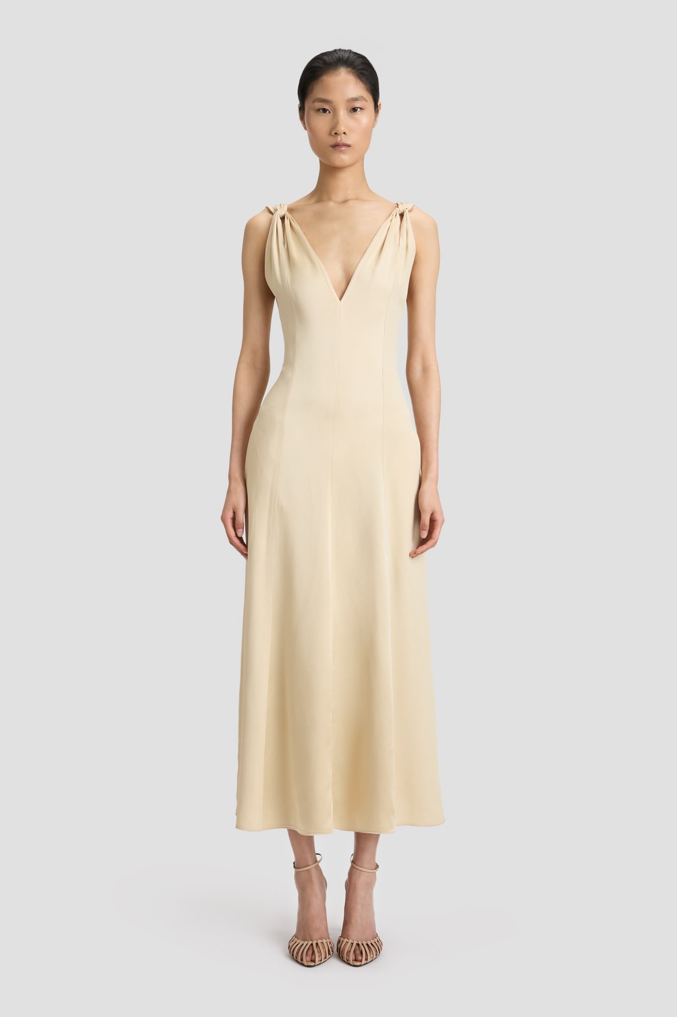 Twist Shoulder Dress In Macadamia