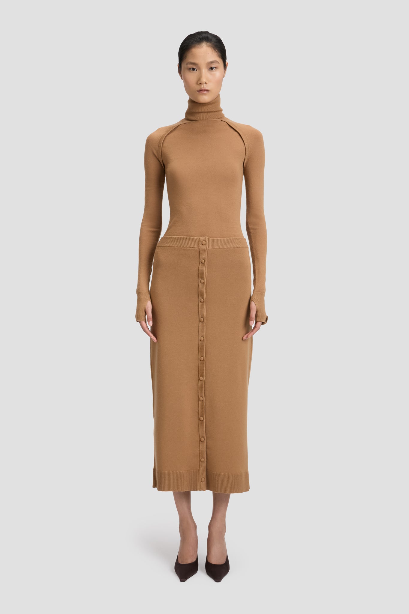 Button Midi Skirt In Camel
