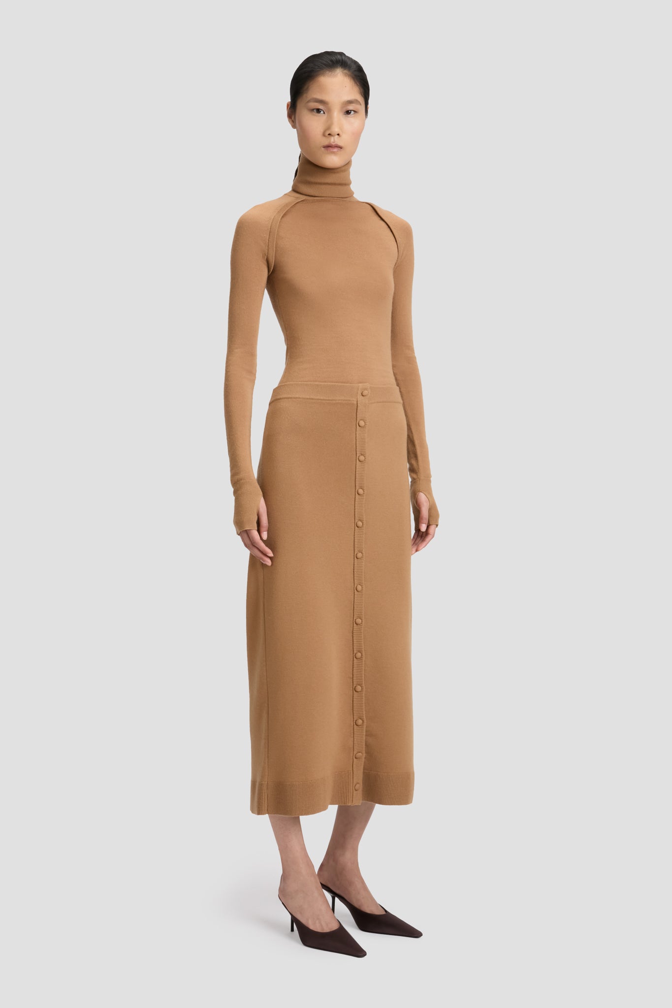 Button Midi Skirt In Camel