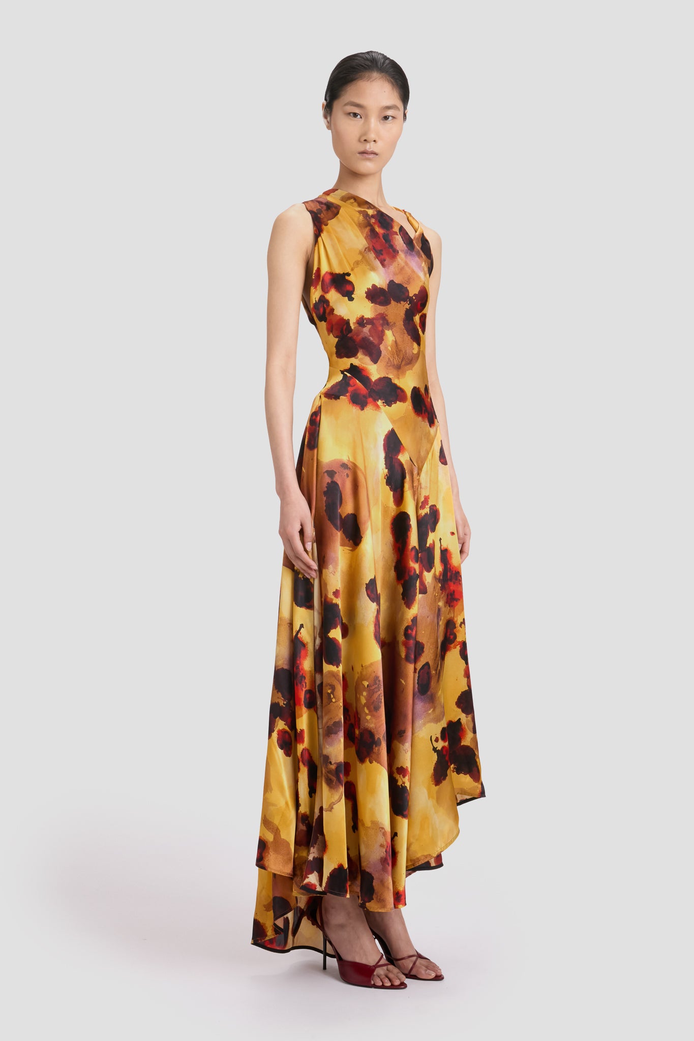 Draped Midi Dress In Amber Floral Print