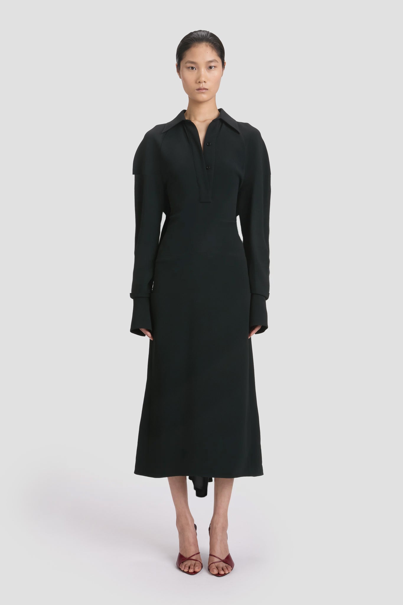 Polo Collar Midi Dress In Black