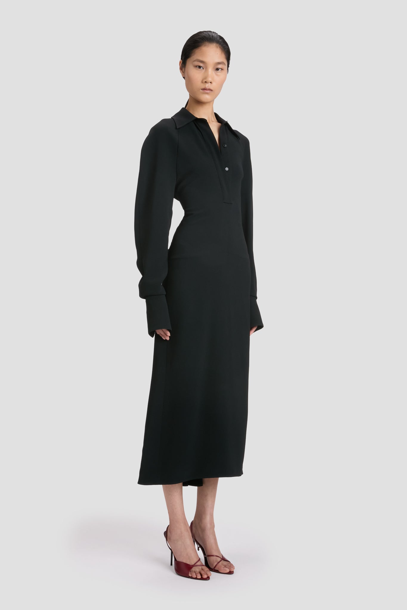 Polo Collar Midi Dress In Black