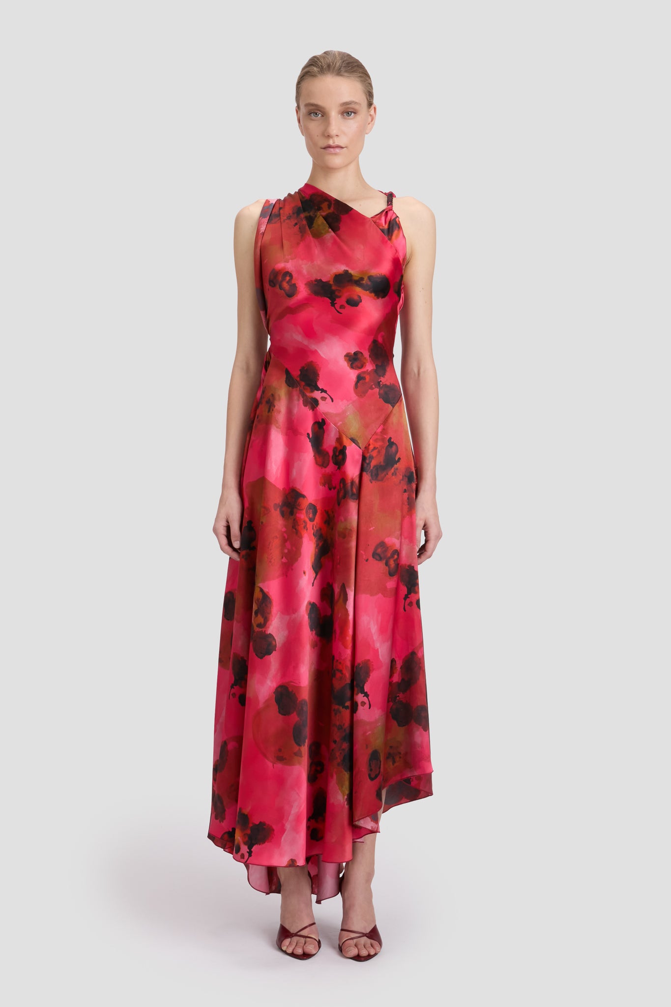 Draped Midi Dress In Raspberry Floral Print