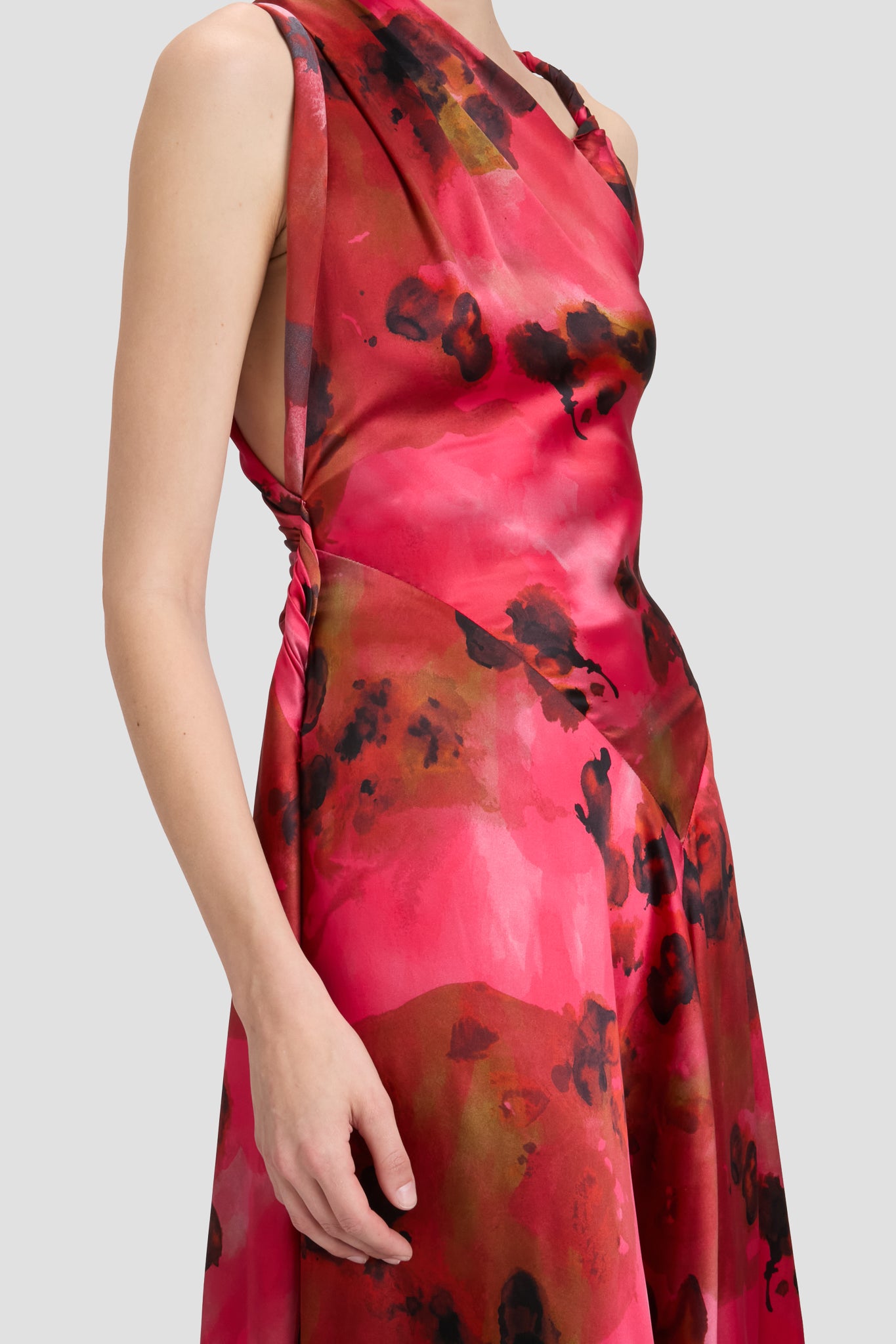 Draped Midi Dress In Raspberry Floral Print