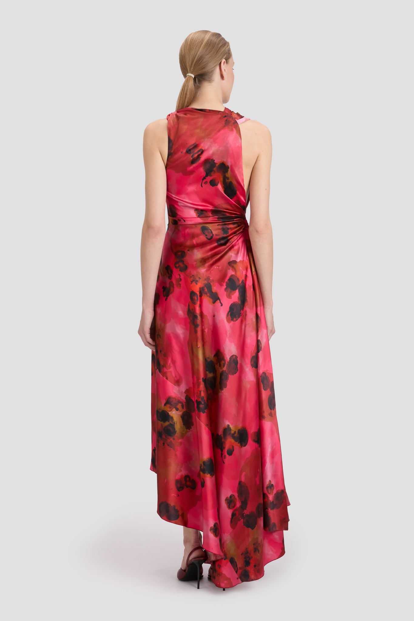 Draped Midi Dress In Raspberry Floral Print