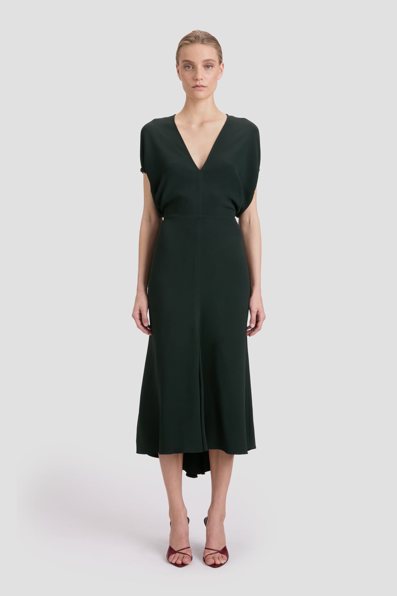 Blouson Detail Midi Dress In Dark Pine | Designer Dresses