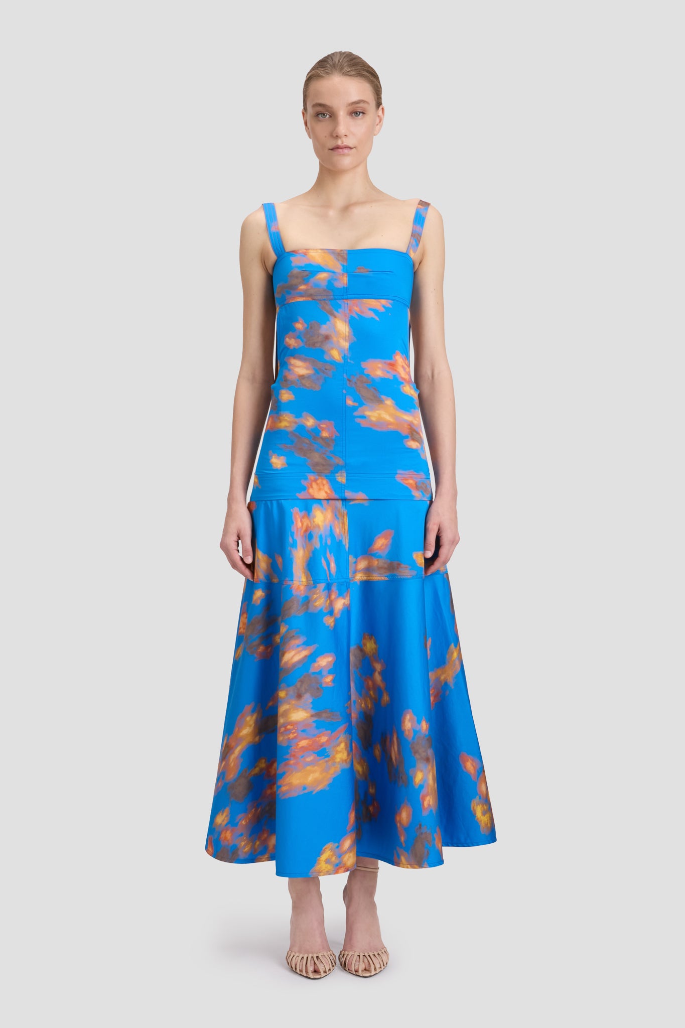 Panelled Maxi Skirt In Blue Abstract Floral Print