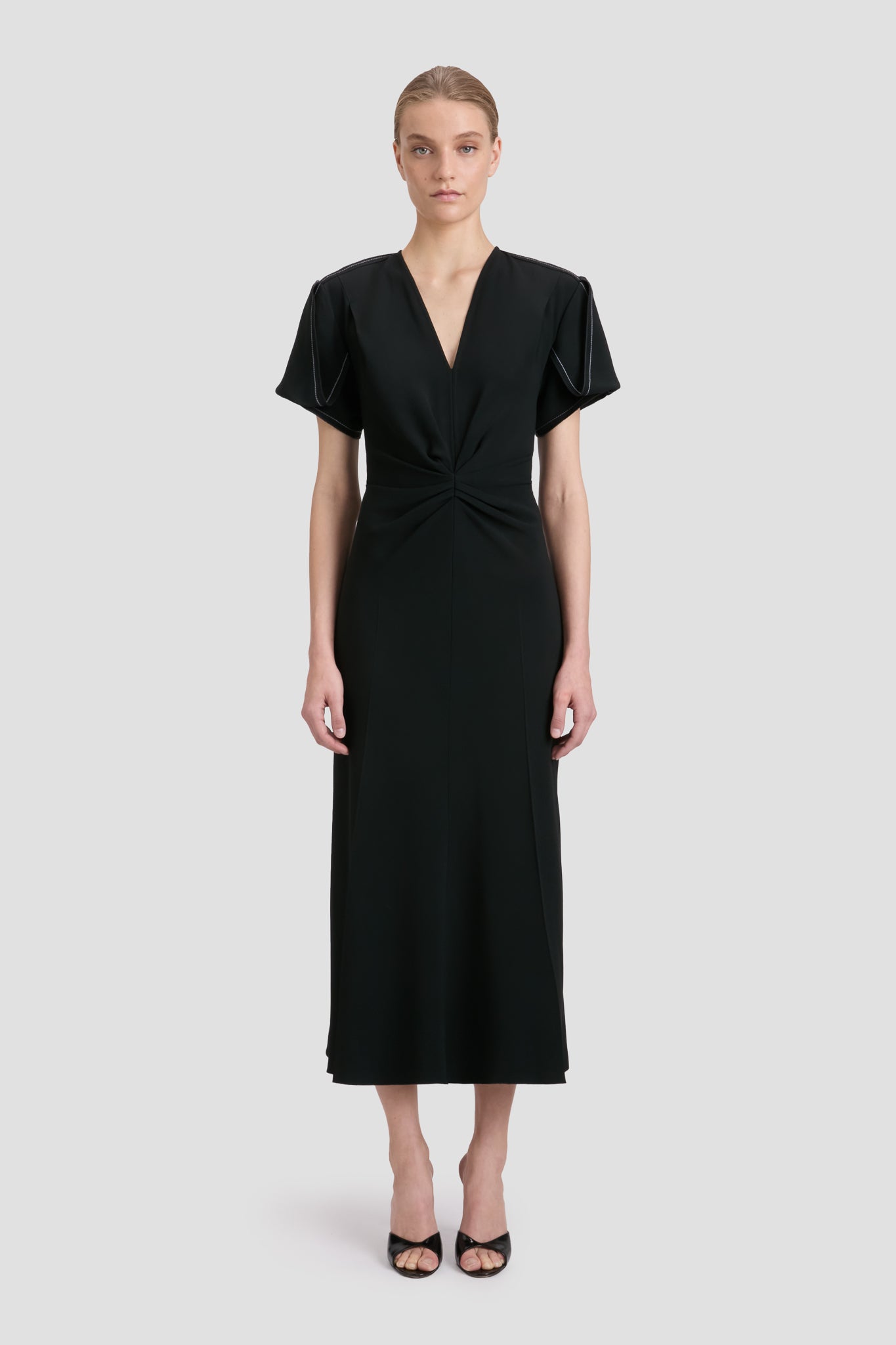 Gathered V-Neck Midi Dress in Black | Designer Dresses