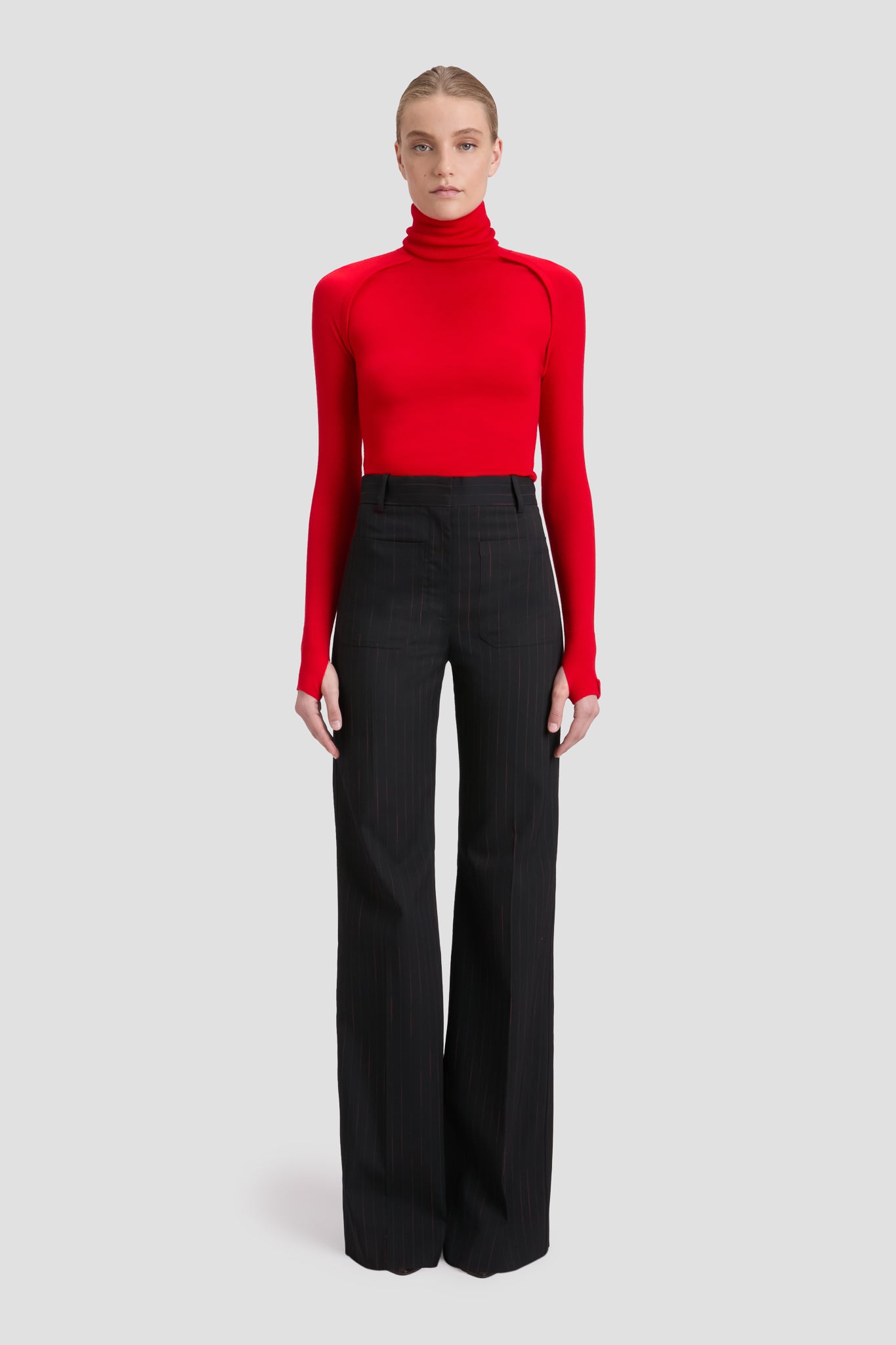 Alina Trouser In Navy-Rose Pinstripe