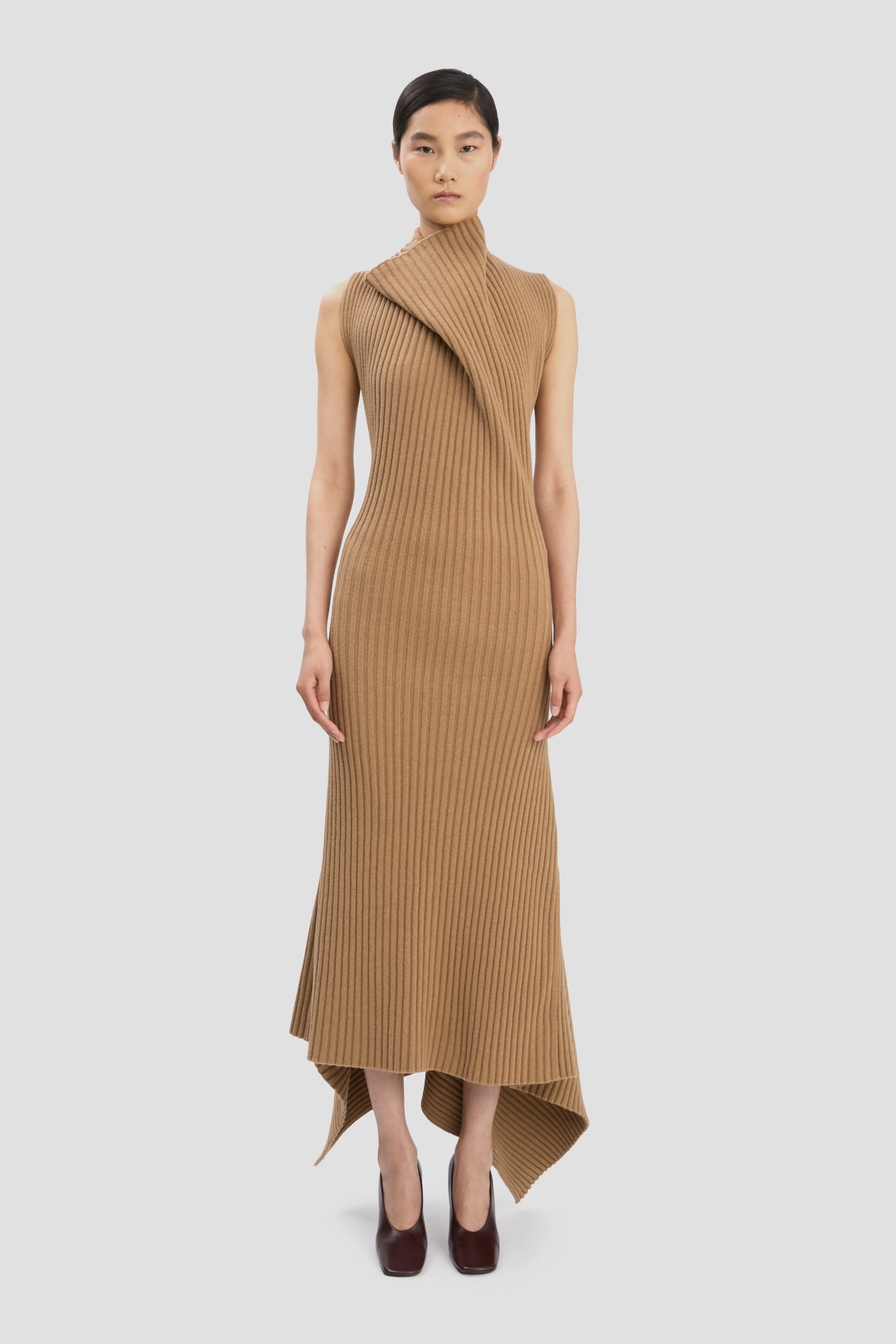 Ribbed Midi Dress In Dark Camel