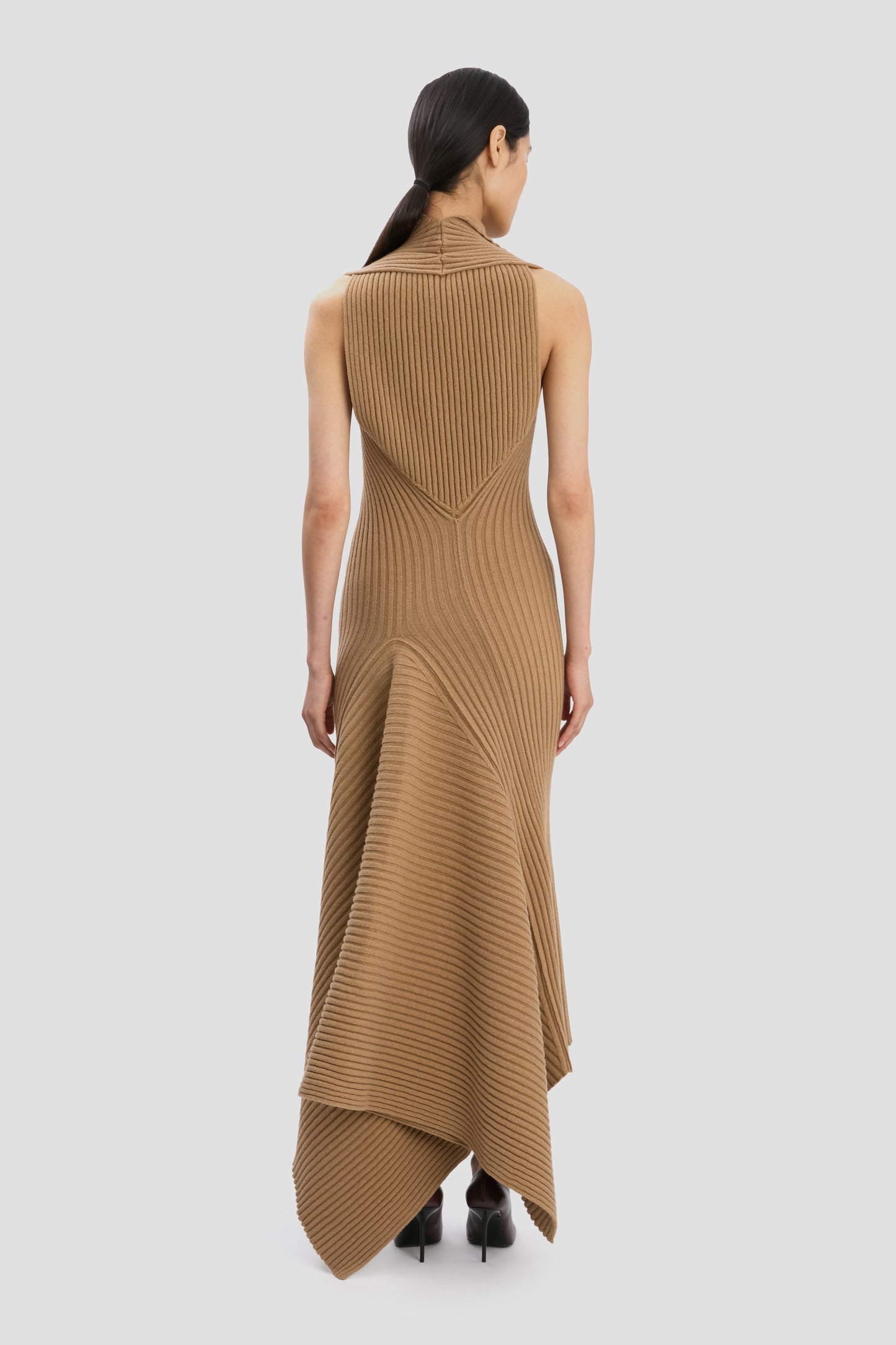 Ribbed Midi Dress In Dark Camel