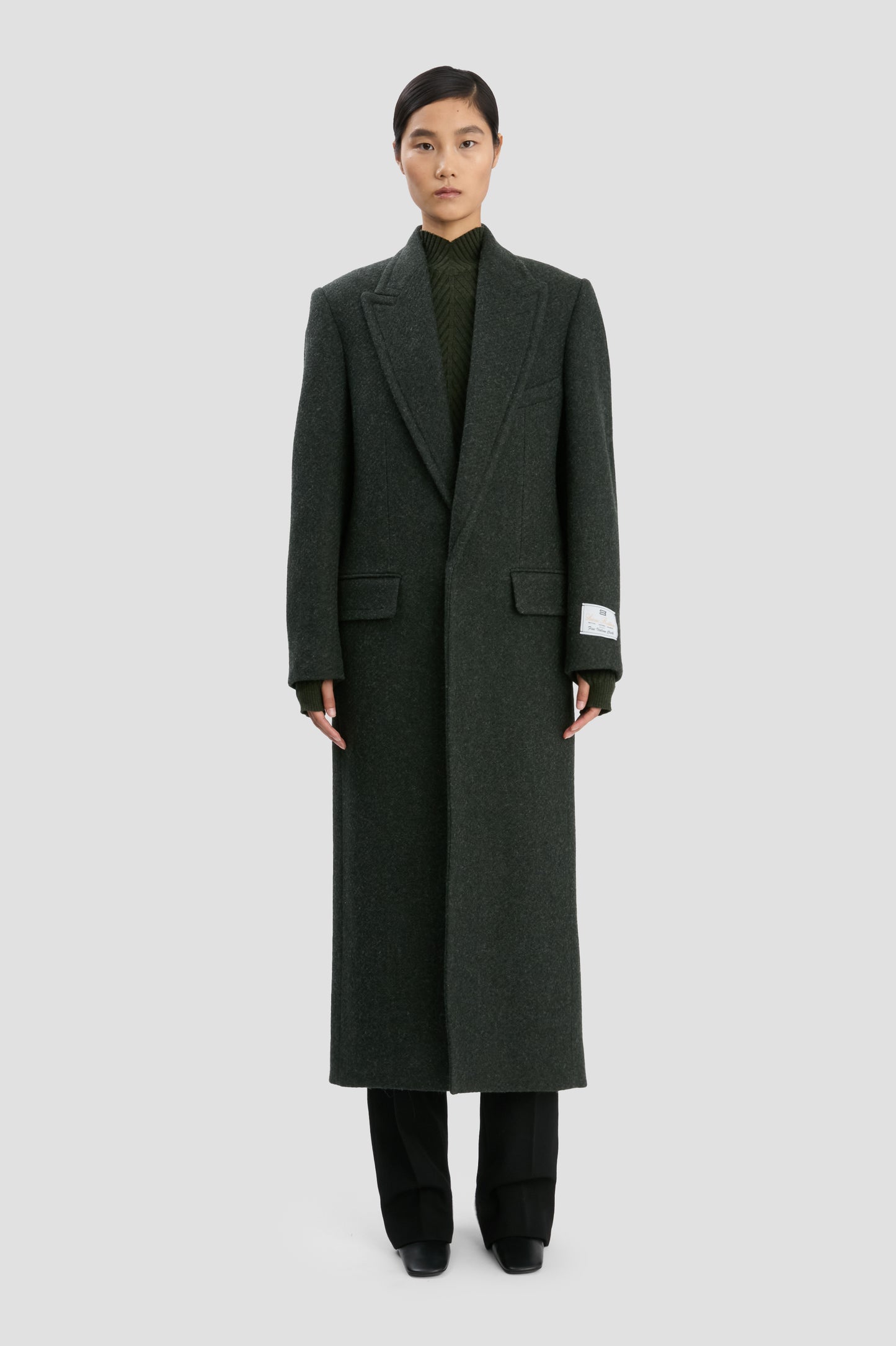 Curved Sleeve Overcoat In Dark Olive Melange