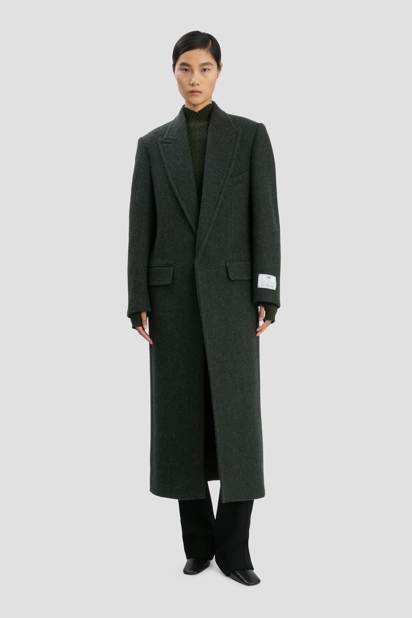 Curved Sleeve Overcoat In Dark Olive Melange