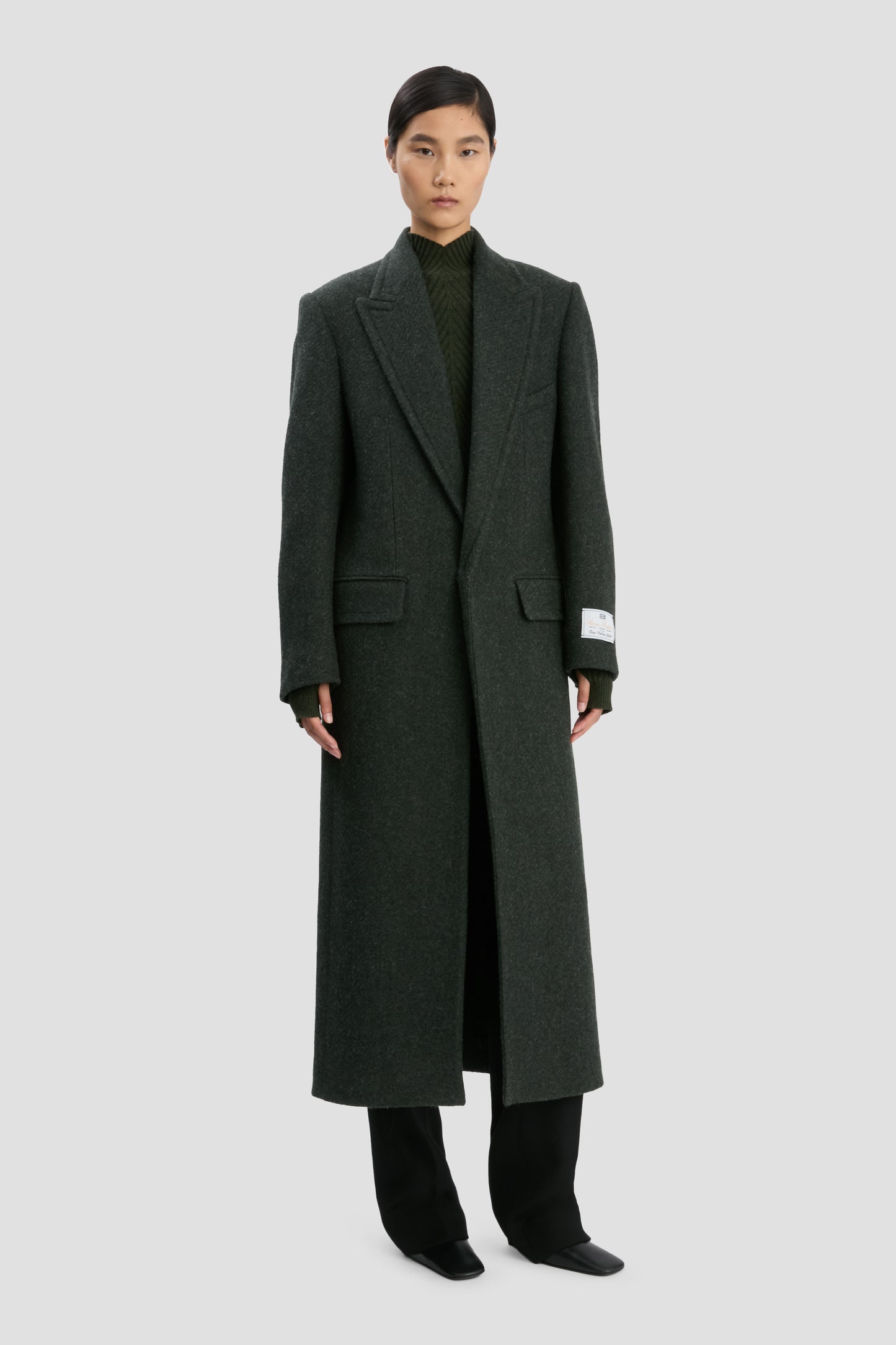 Curved Sleeve Overcoat In Dark Olive Melange