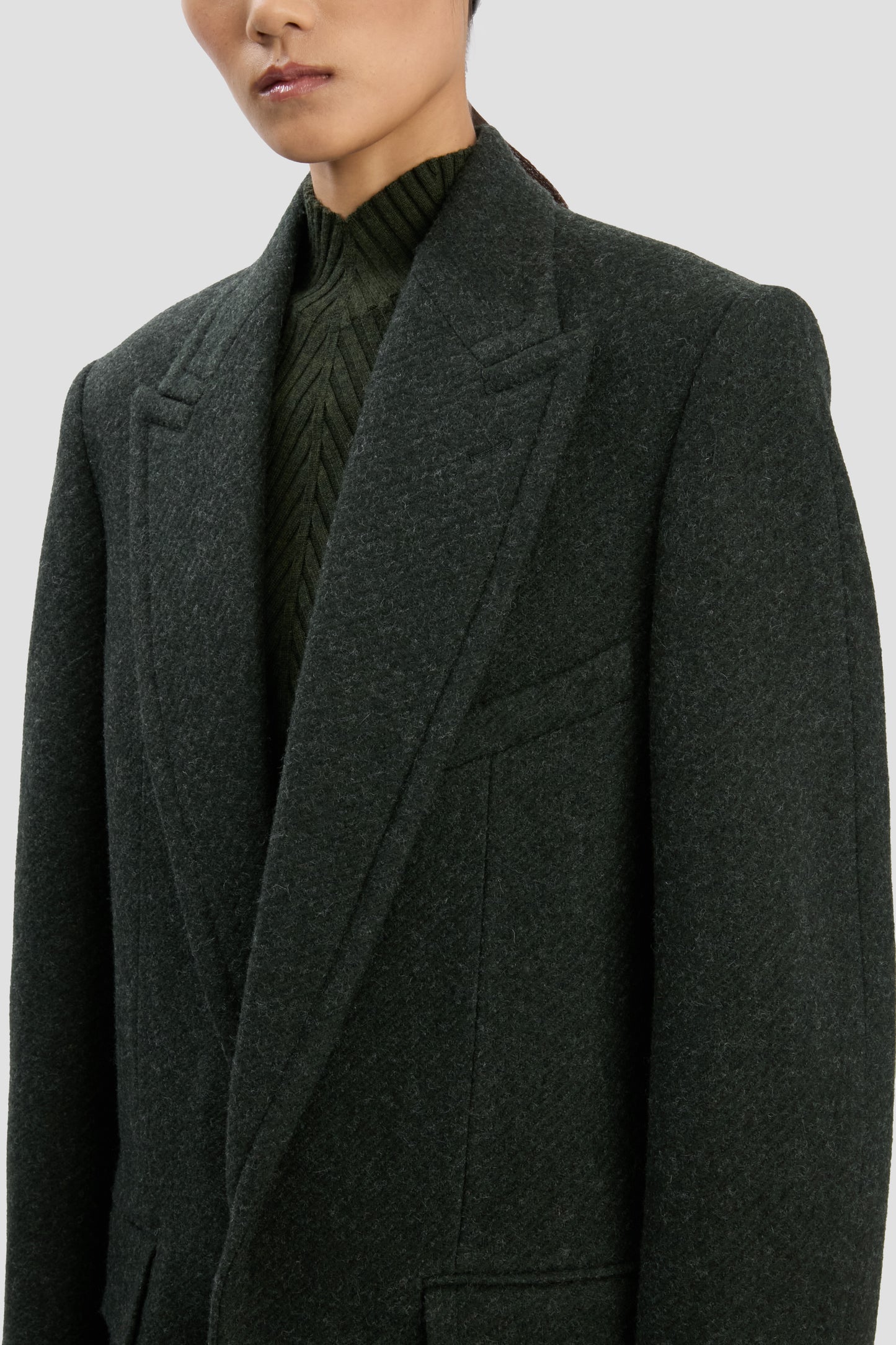 Curved Sleeve Overcoat In Dark Olive Melange