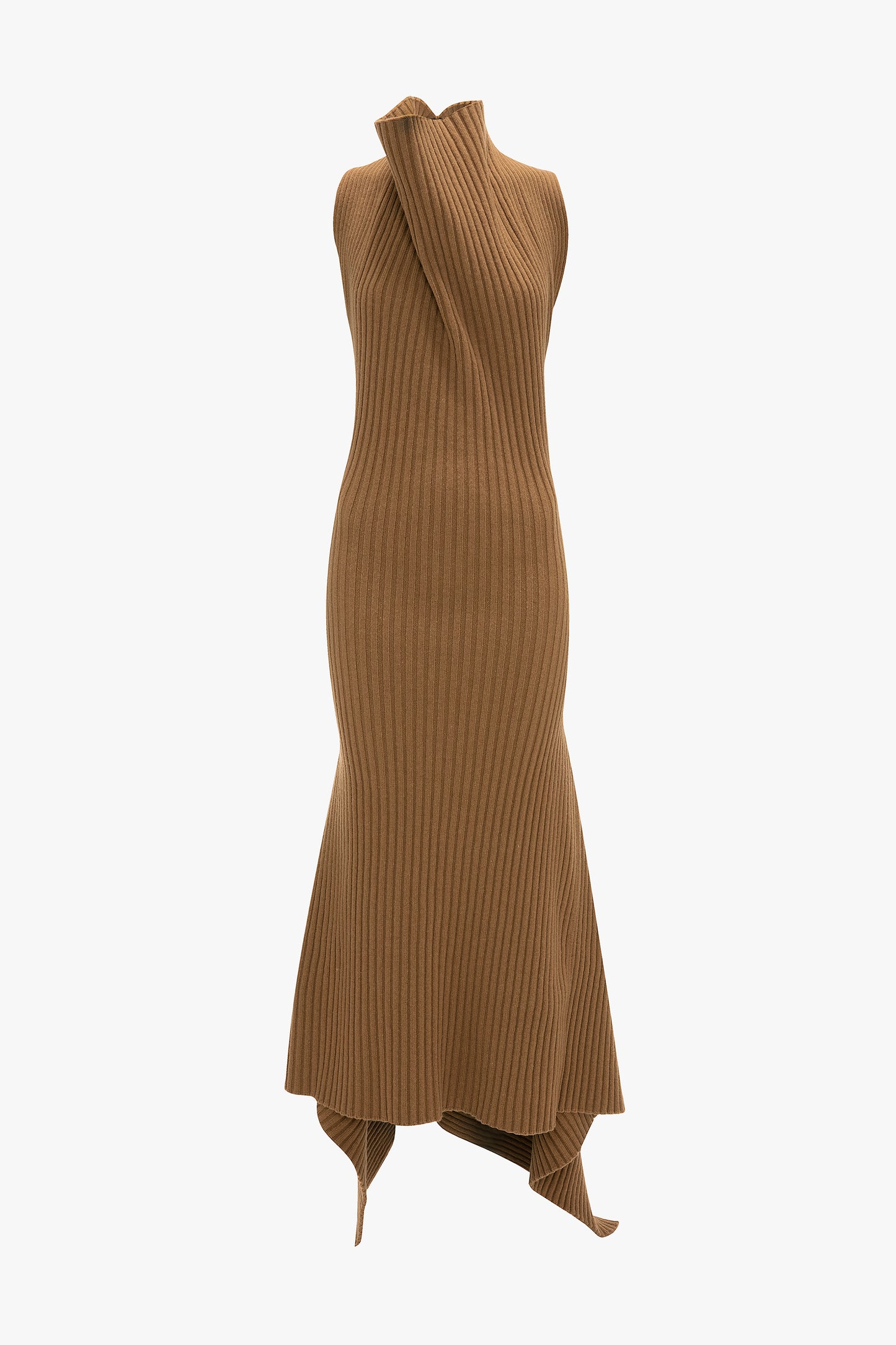 Ribbed Midi Dress In Dark Camel
