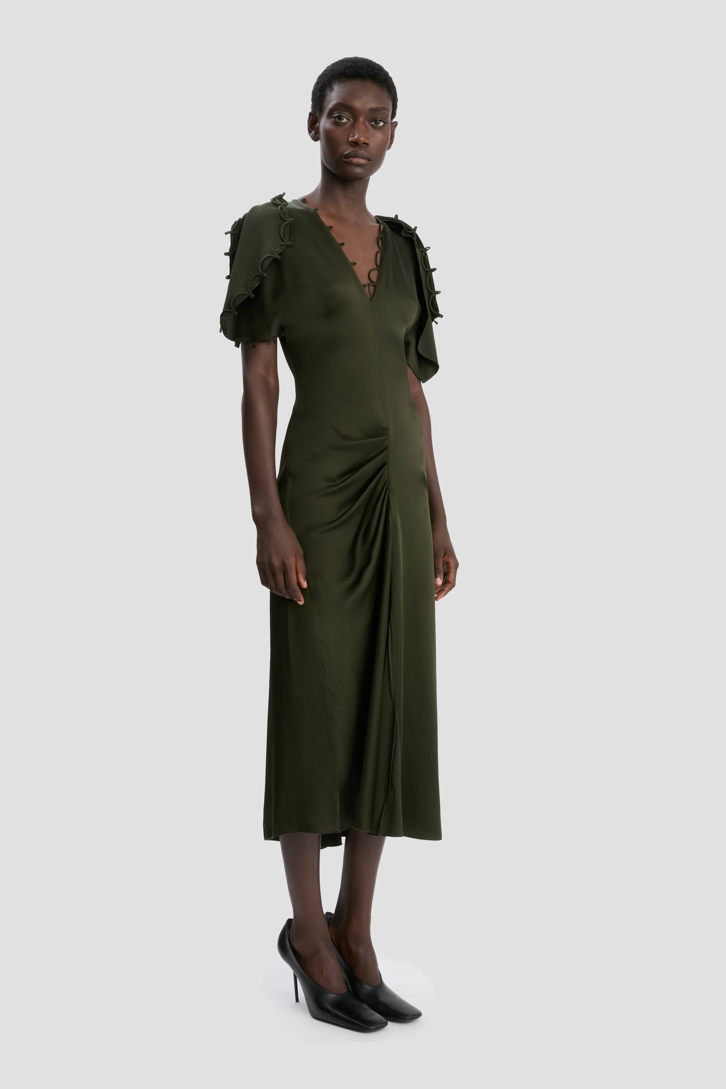 Draped Midi Dress In Dark Olive