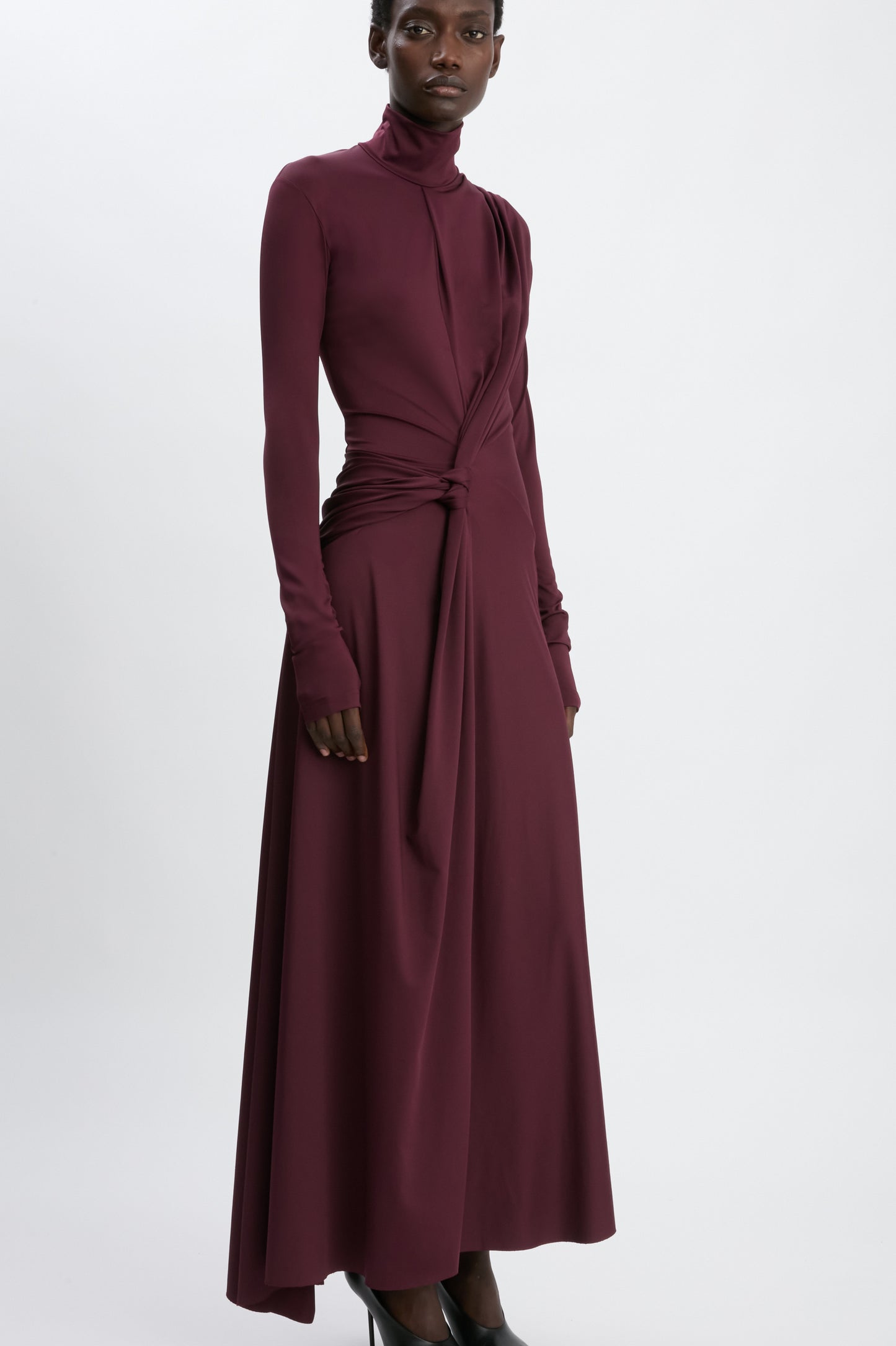 Twist High Neck Midi Dress In Merlot