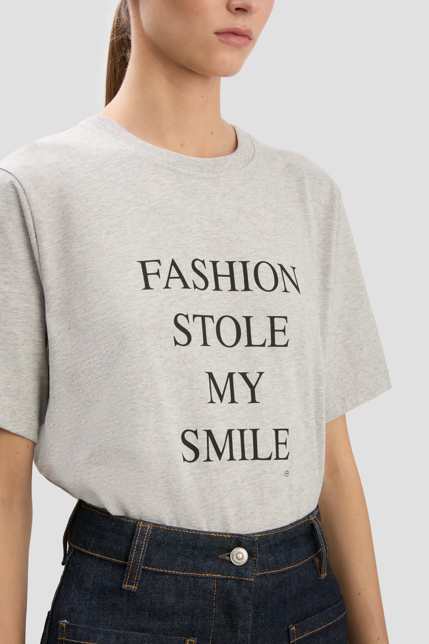 Fashion Stole My Smile' Slogan T-Shirt In Grey Marl