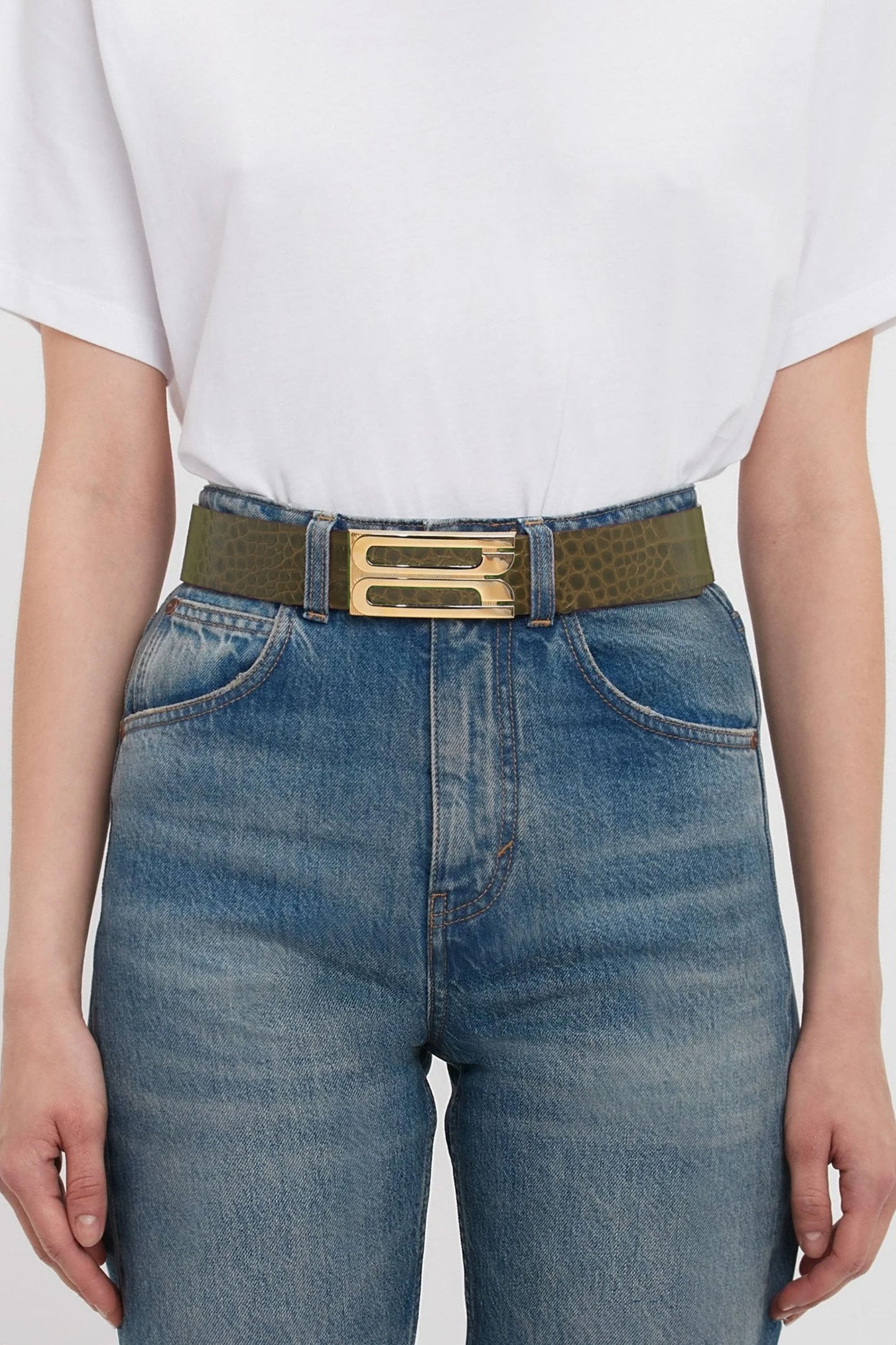 Jumbo Dorian Belt In Khaki Croc Embossed Calf Leather