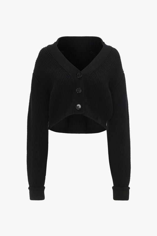 A black Cropped V-Neck Cardigan with a collar, Victoria Beckham monogram, and front button closure, displayed on a plain background.