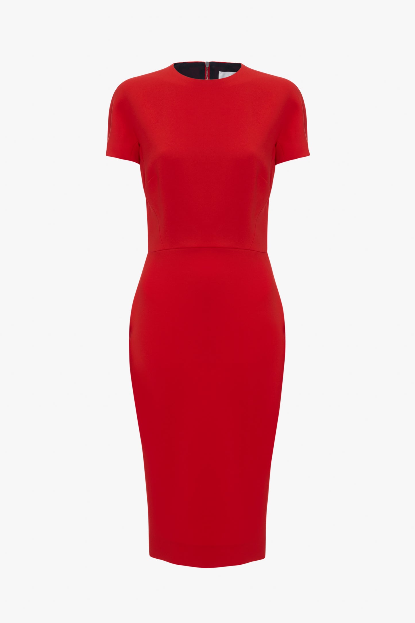 Victoria Beckham's bright red knee-length fitted T-shirt dress with short sleeves and a round neckline, isolated on a white background.