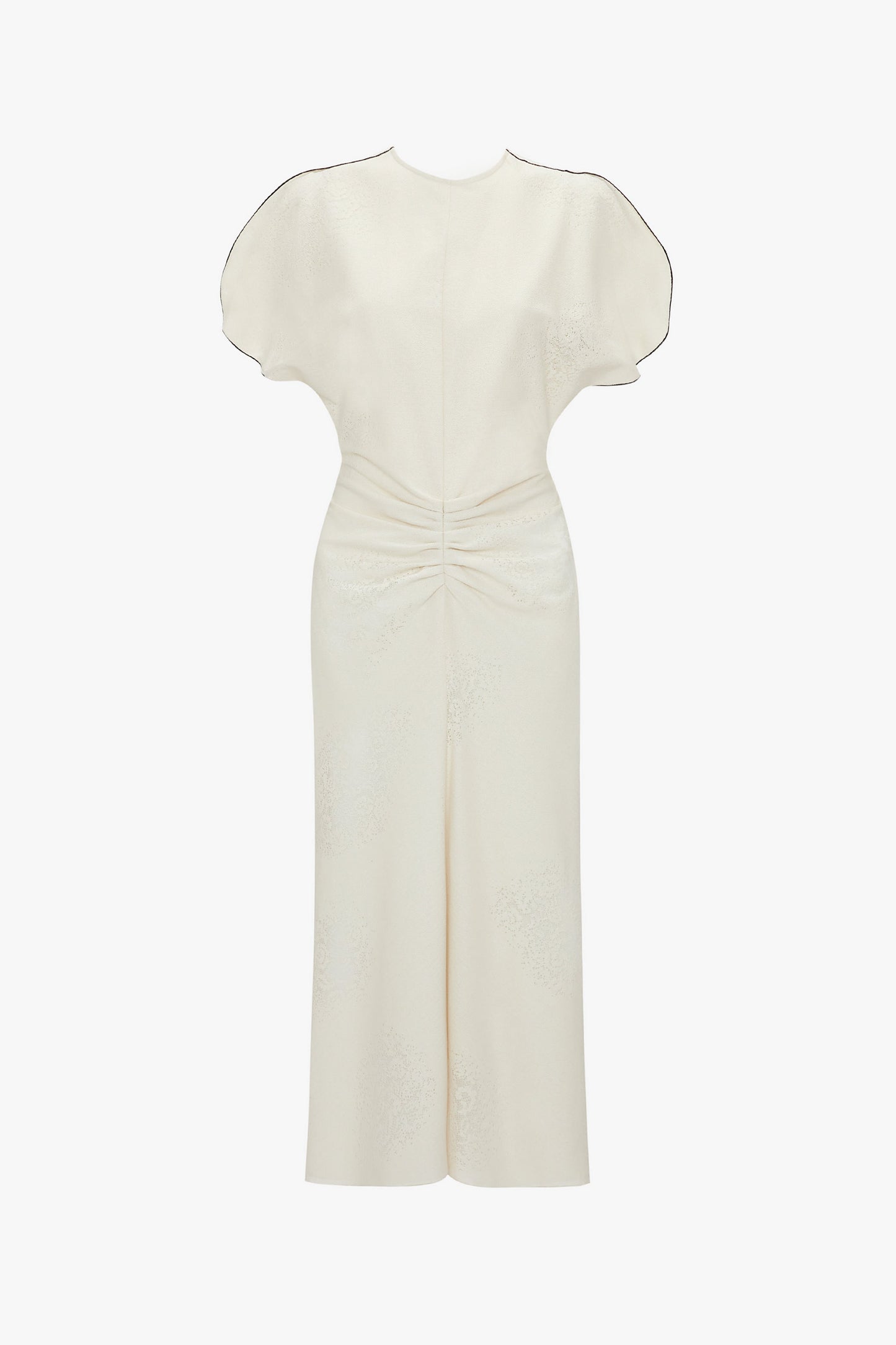 Victoria Beckham White dress with a gathered waist, short sleeves, and a knotted detail at the waist on a plain background.