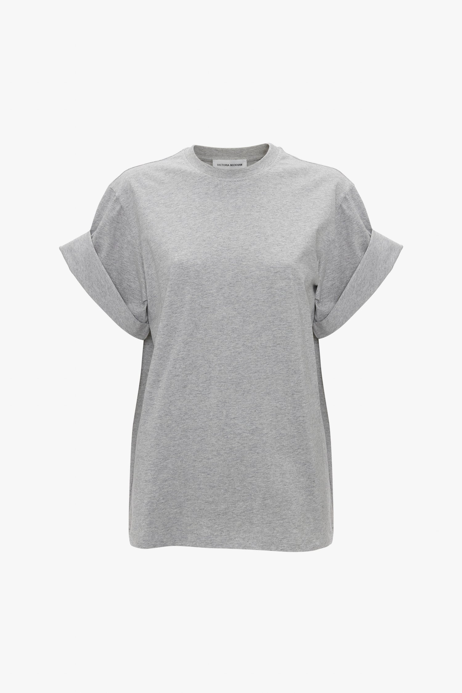 A Victoria Beckham Asymmetric Relaxed Fit T-Shirt In Grey Marl displayed on a white background.