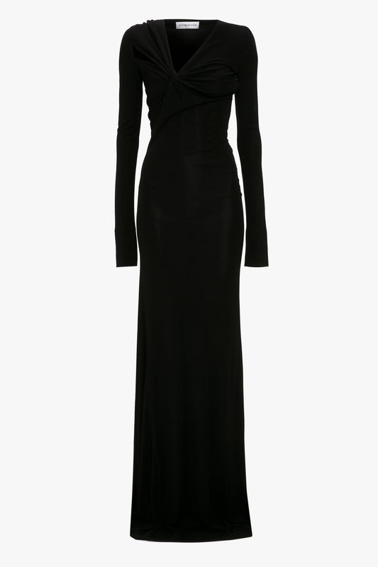 Victoria Beckham Tie Detail Floor-Length Dress in Black with a v-neckline and draped detailing, featuring body-sculpting design.