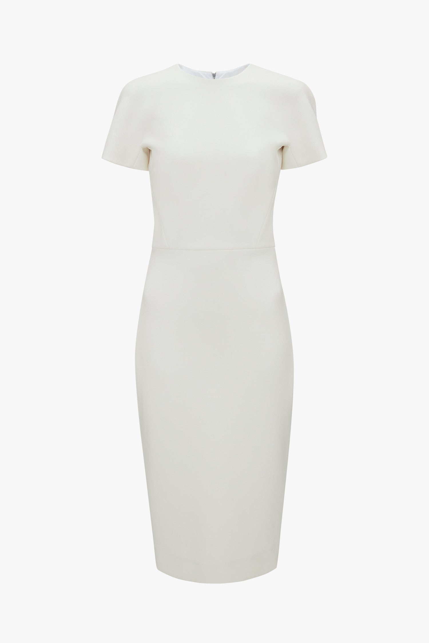 A plain, white, short-sleeved Victoria Beckham fitted T-shirt dress in ivory with a modest neckline, displayed against a white background.