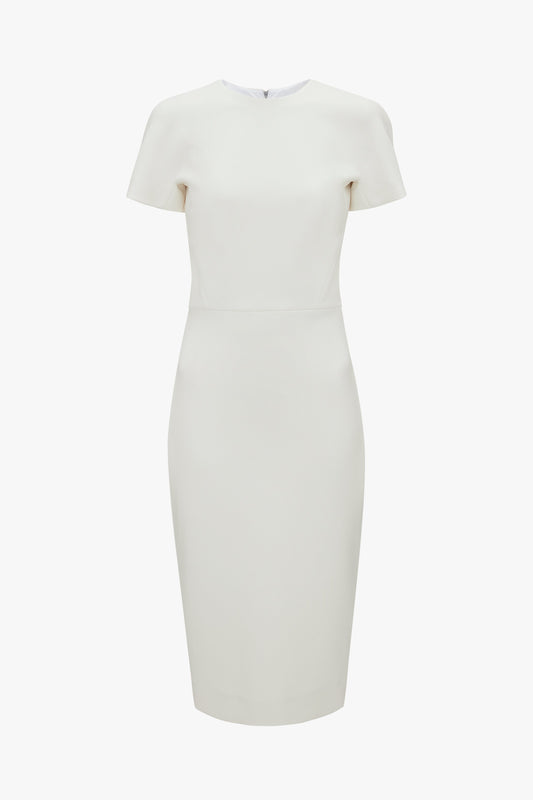 A plain, white, short-sleeved Victoria Beckham fitted T-shirt dress in ivory with a modest neckline, displayed against a white background.