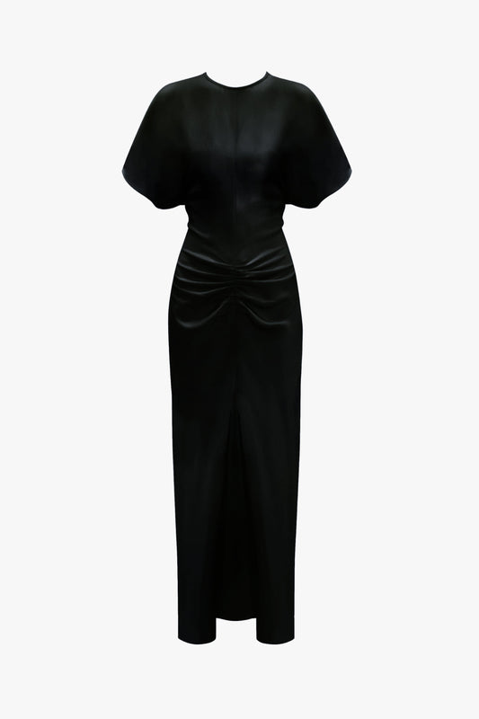 Black fit-and-flare Gathered Waist Midi Dress in Black with short sleeves, displayed on a mannequin against a white background by Victoria Beckham.